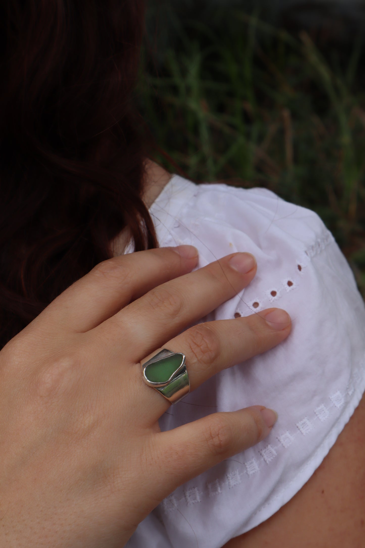 Green Sea Glass Ring SIZE N - 6 3/4