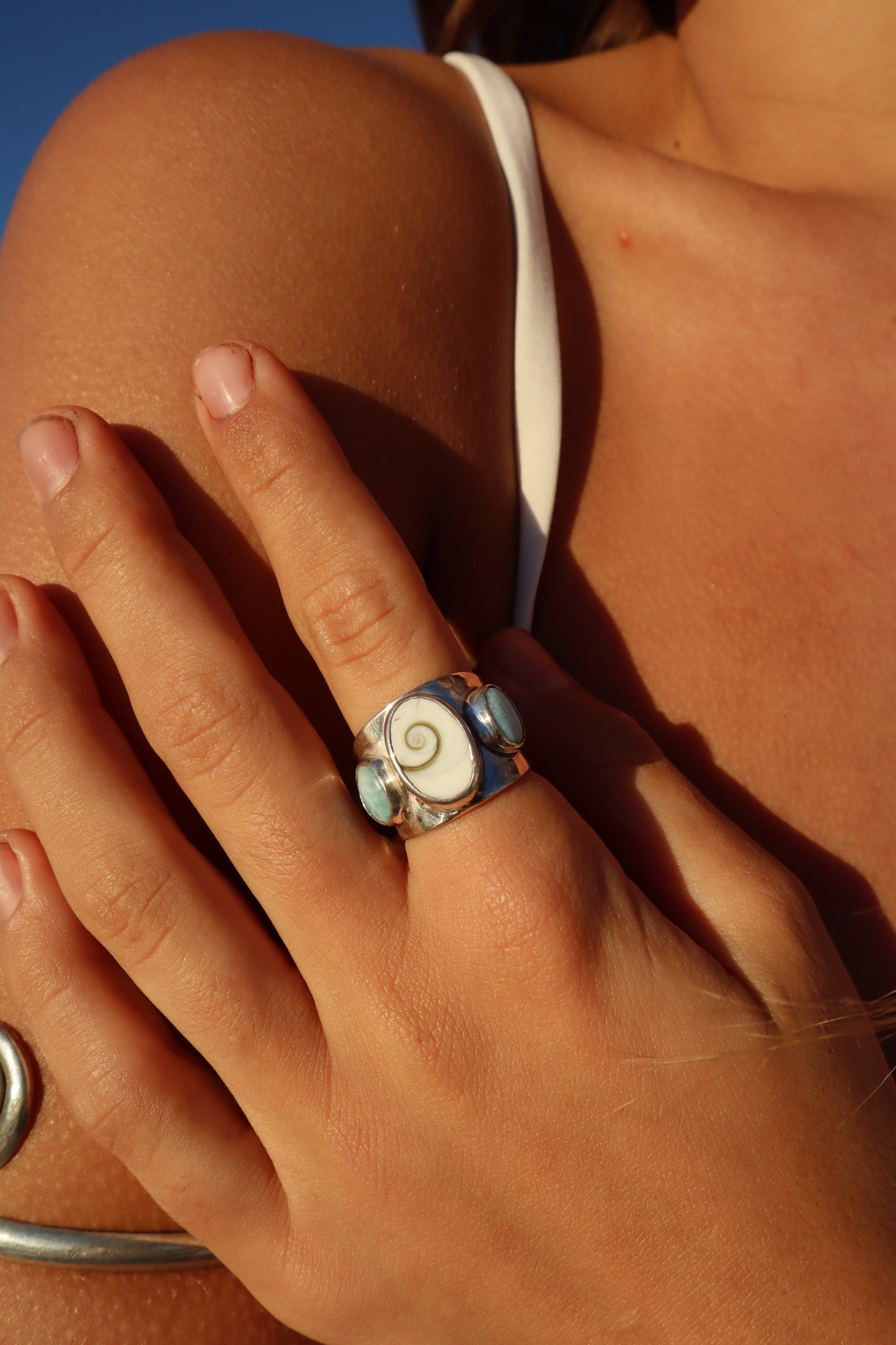 Chunky Operculum x Larimar Ring SIZE Q - 8 1/4