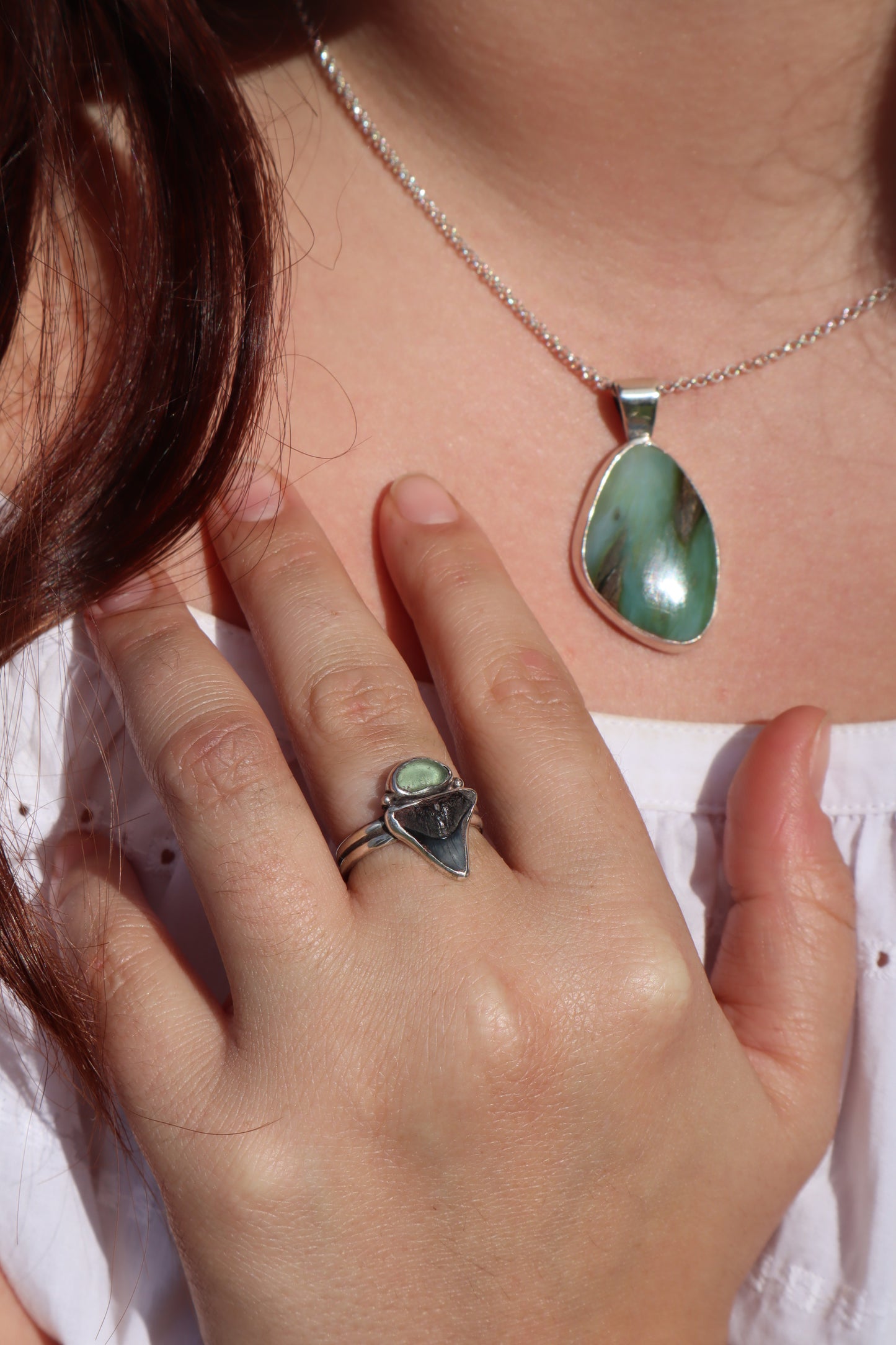 Shark Tooth x Seaglass Ring SIZE N - 6 3/4
