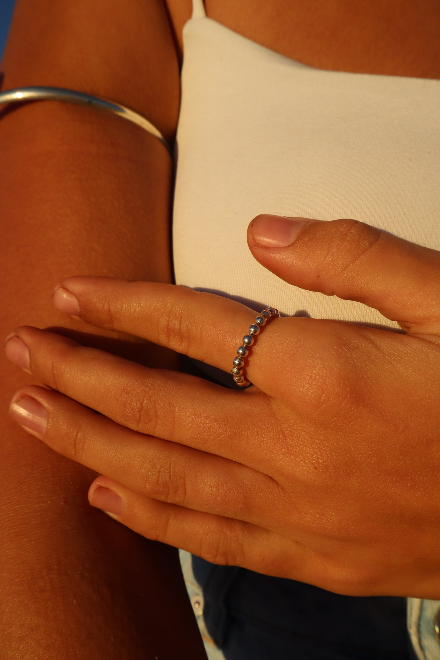 Silver Beaded Ring N - 6 3/4