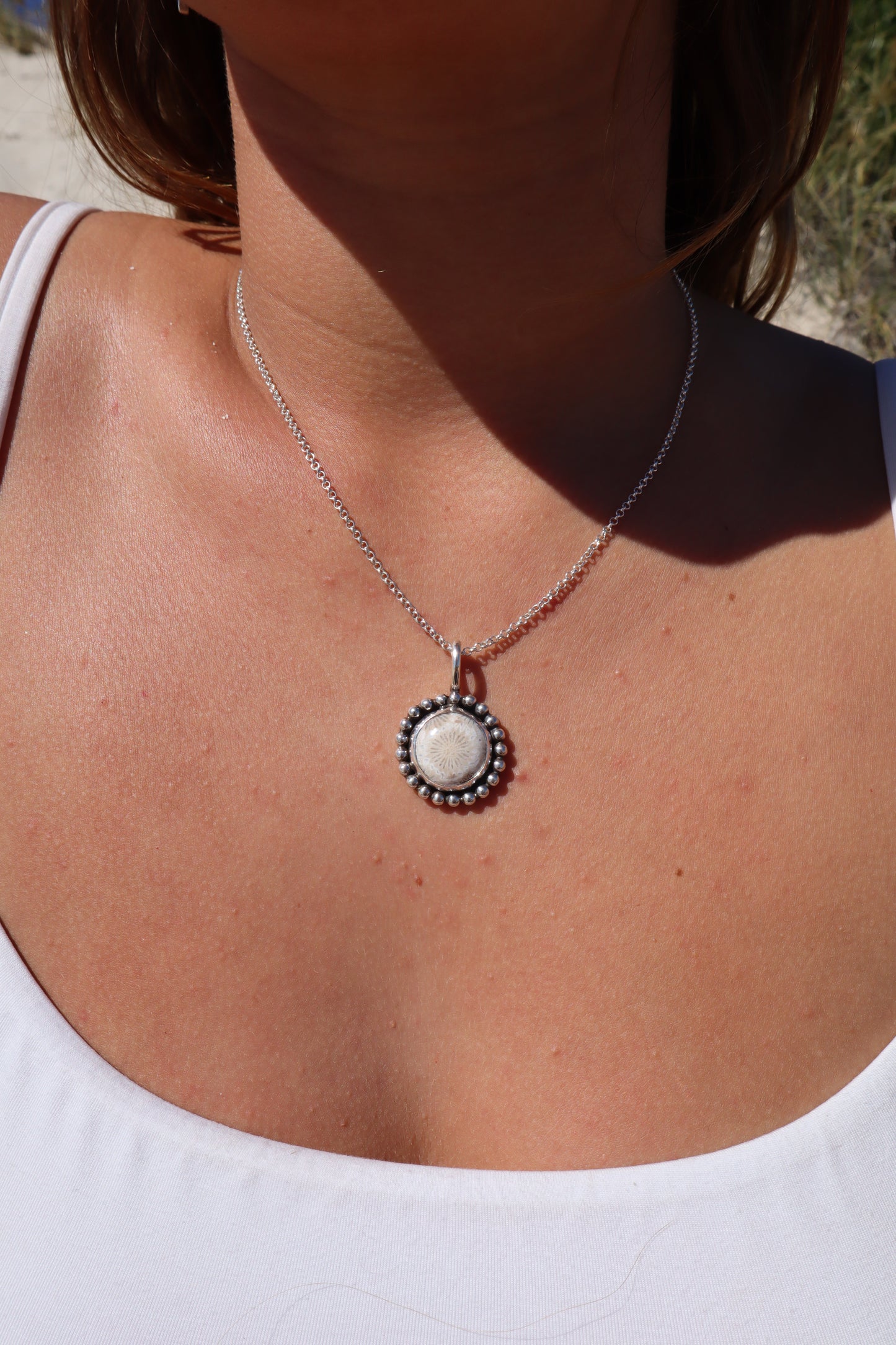 Fossilised Coral Daisy Pendant