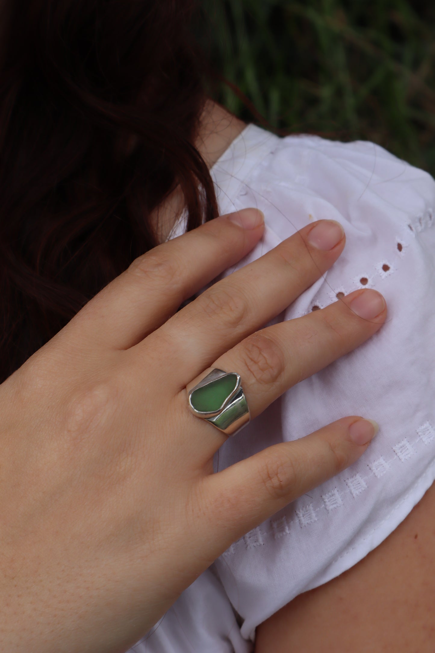 Green Sea Glass Ring SIZE N - 6 3/4