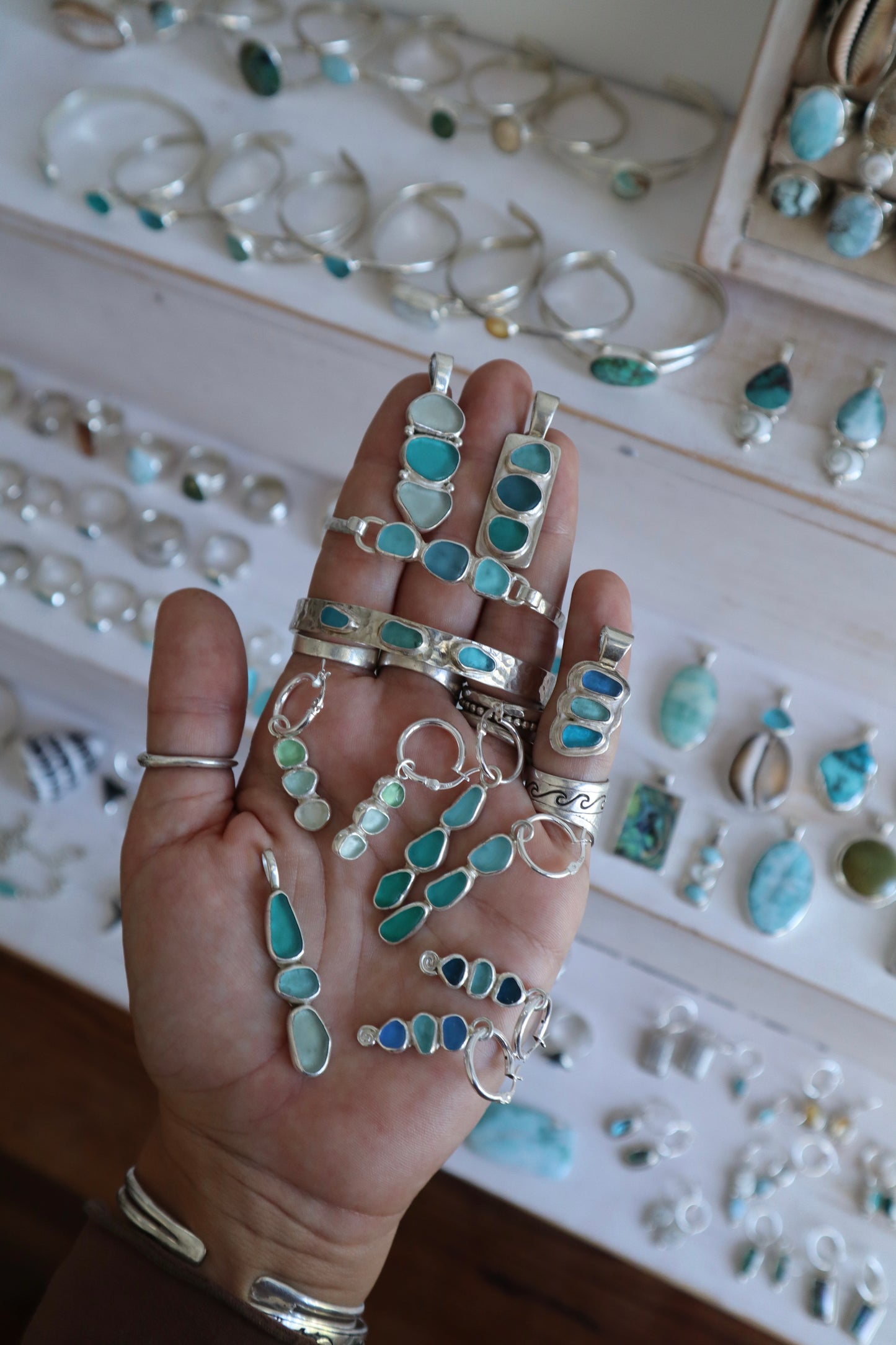 Triple Seaglass Hoops