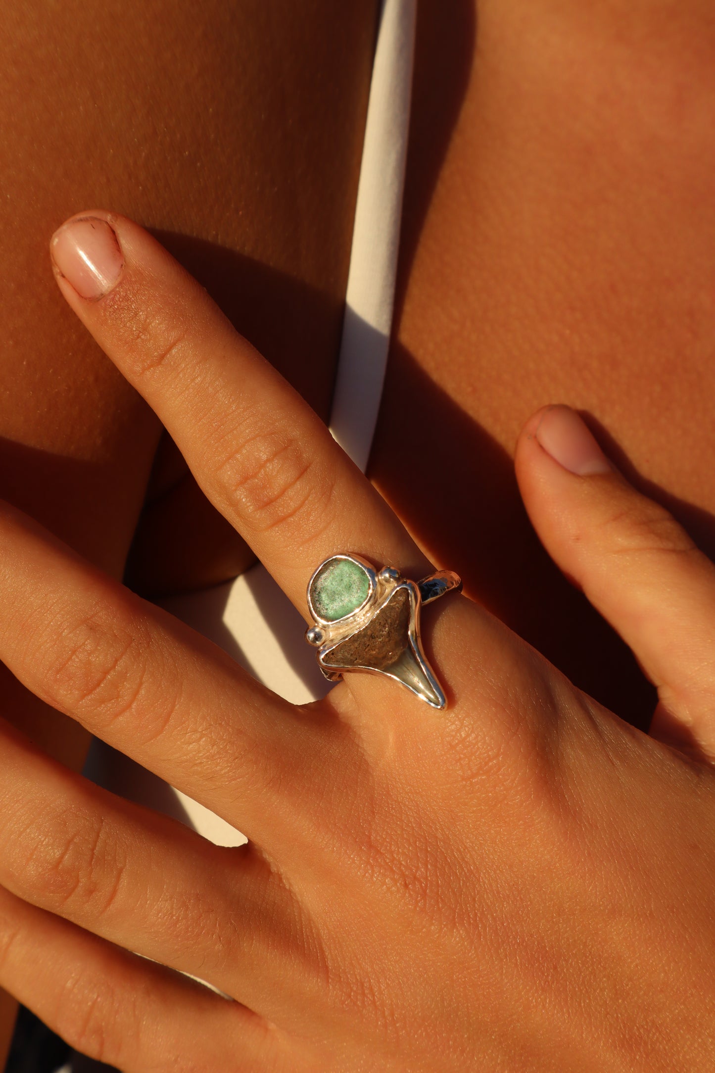 Shark Tooth x Seaglass Ring SIZE U - 1O 1/4