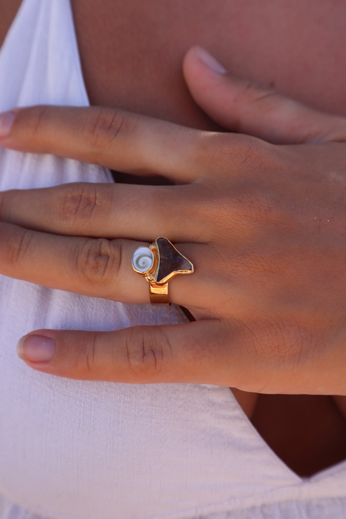 Operculum x Fossilised Shark Tooth Ring SIZE 7
