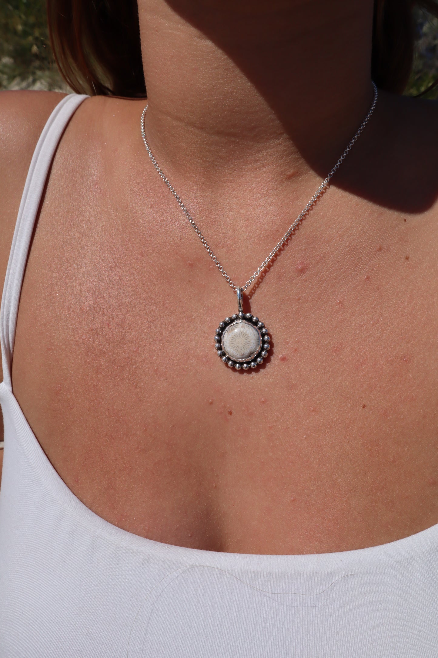 Fossilised Coral Daisy Pendant