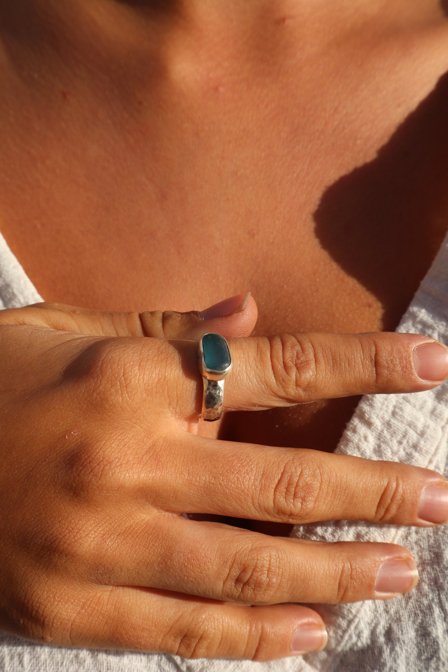 Textured Blue Sea Glass Ring SIZE R 1/2 - 9