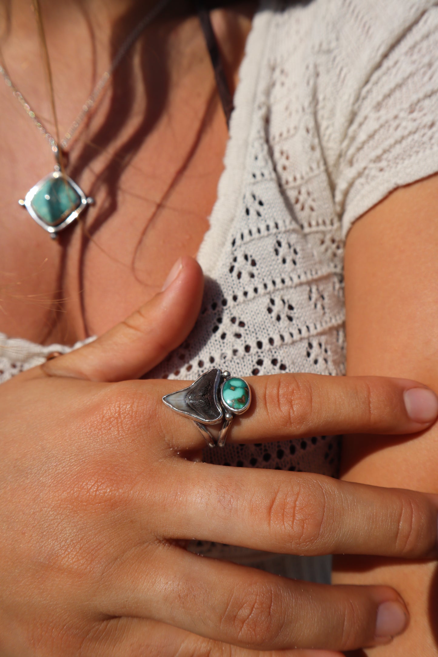 Fossilised Shark Tooth x Turquoise Ring SIZE R - 8 3/4