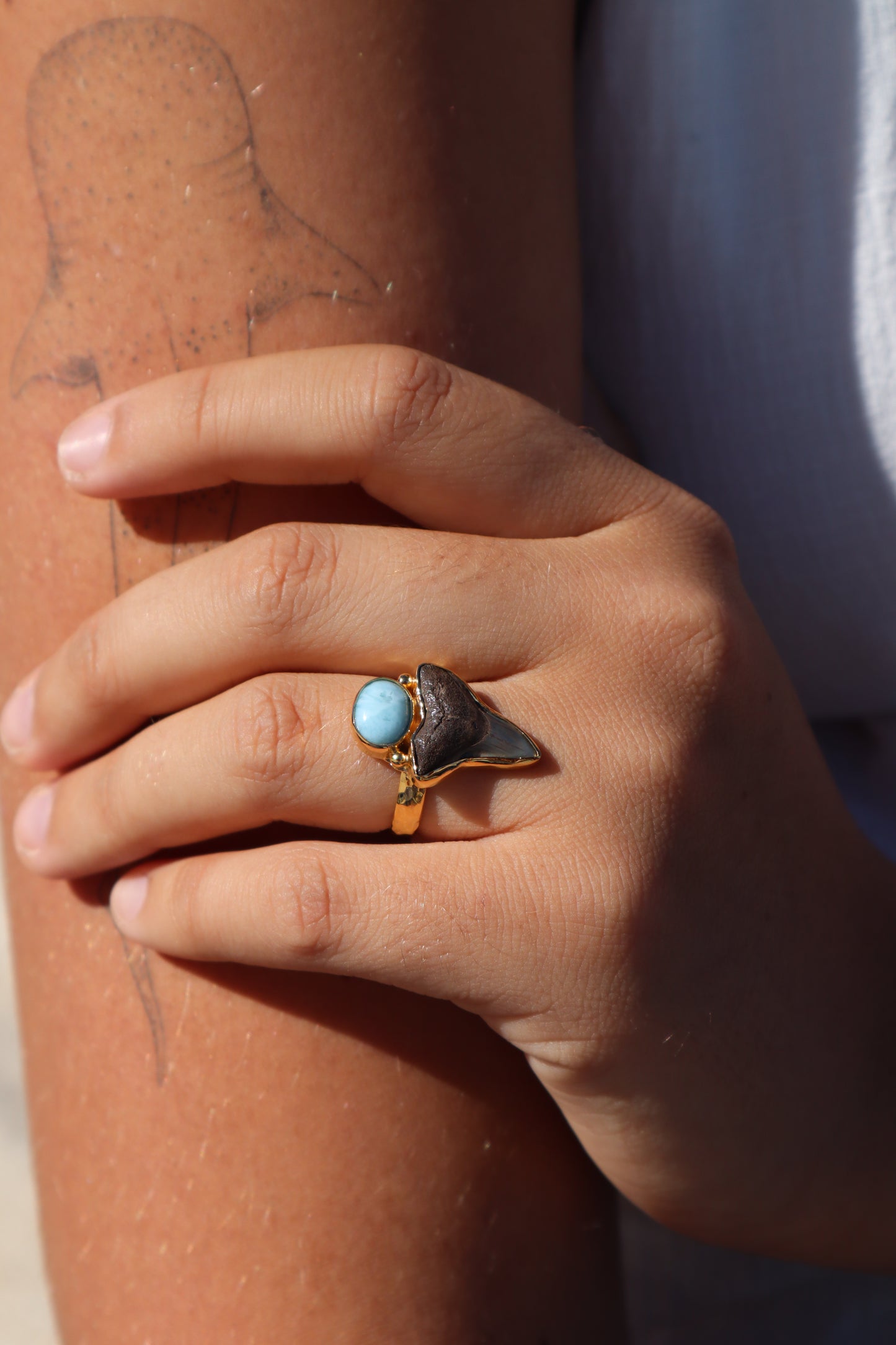 Fossilised Shark Tooth x Larimar Ring SIZE 7 - N 1/2
