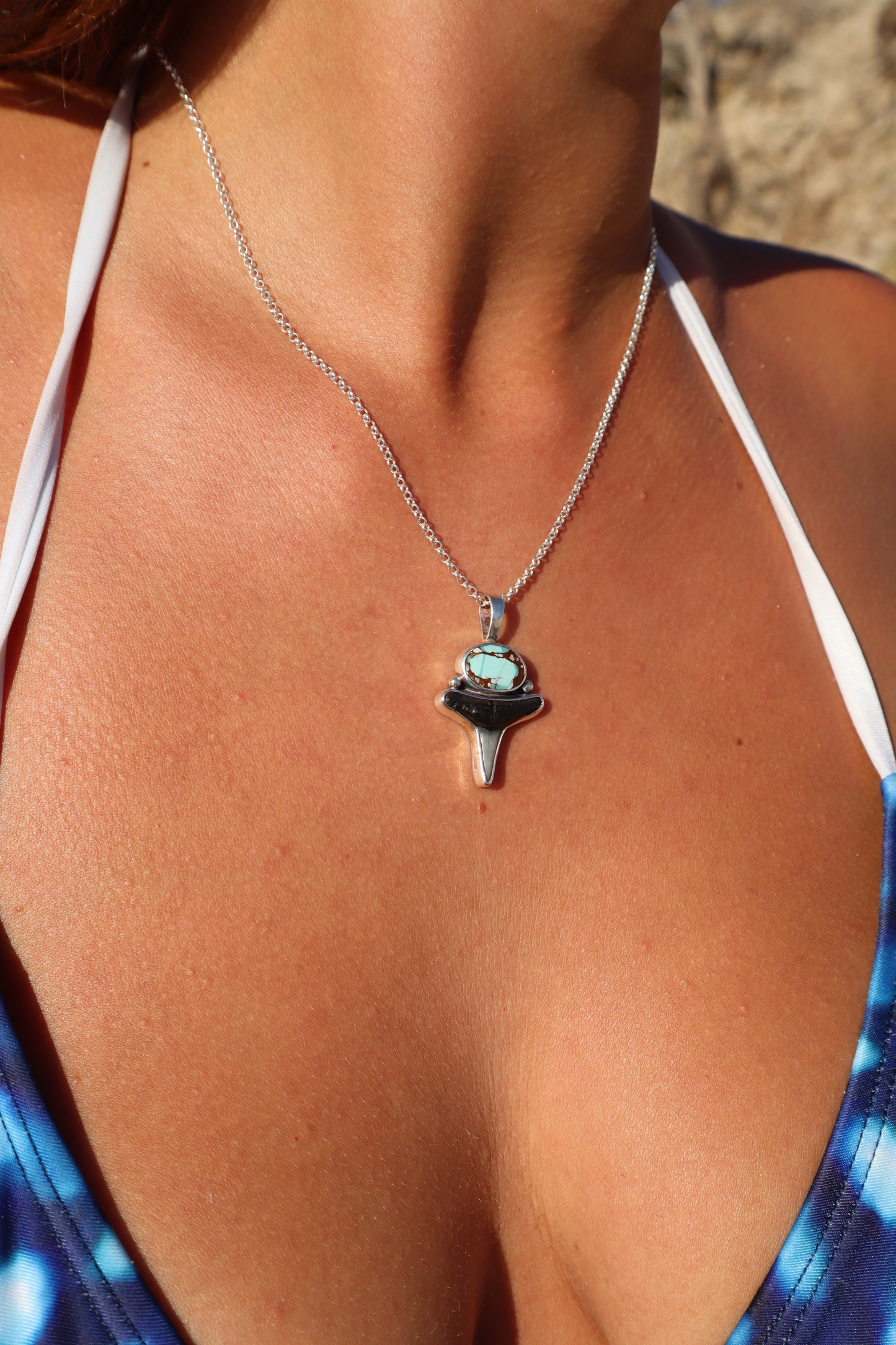 Turquoise x Fossilised Shark Tooth Pendant