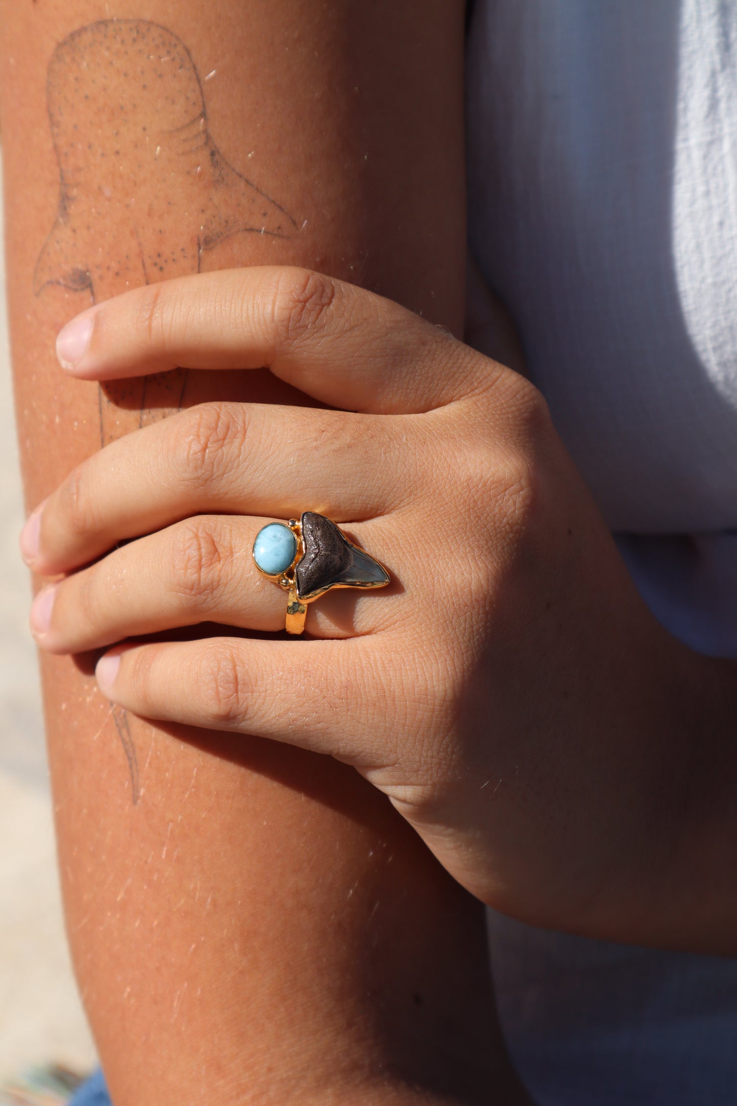 Fossilised Shark Tooth x Larimar Ring SIZE 7 - N 1/2