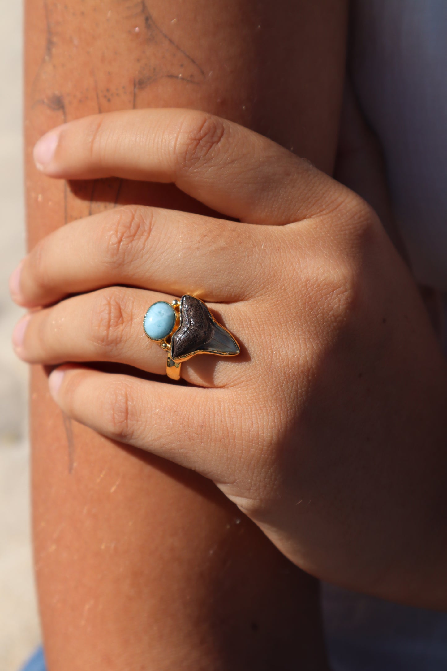 Fossilised Shark Tooth x Larimar Ring SIZE 7 - N 1/2