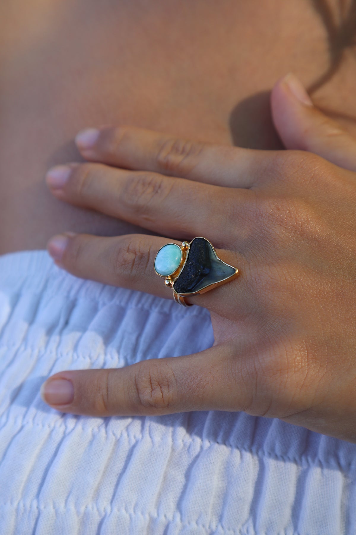 Fossilised Shark Tooth x Larimar Ring SIZE 7