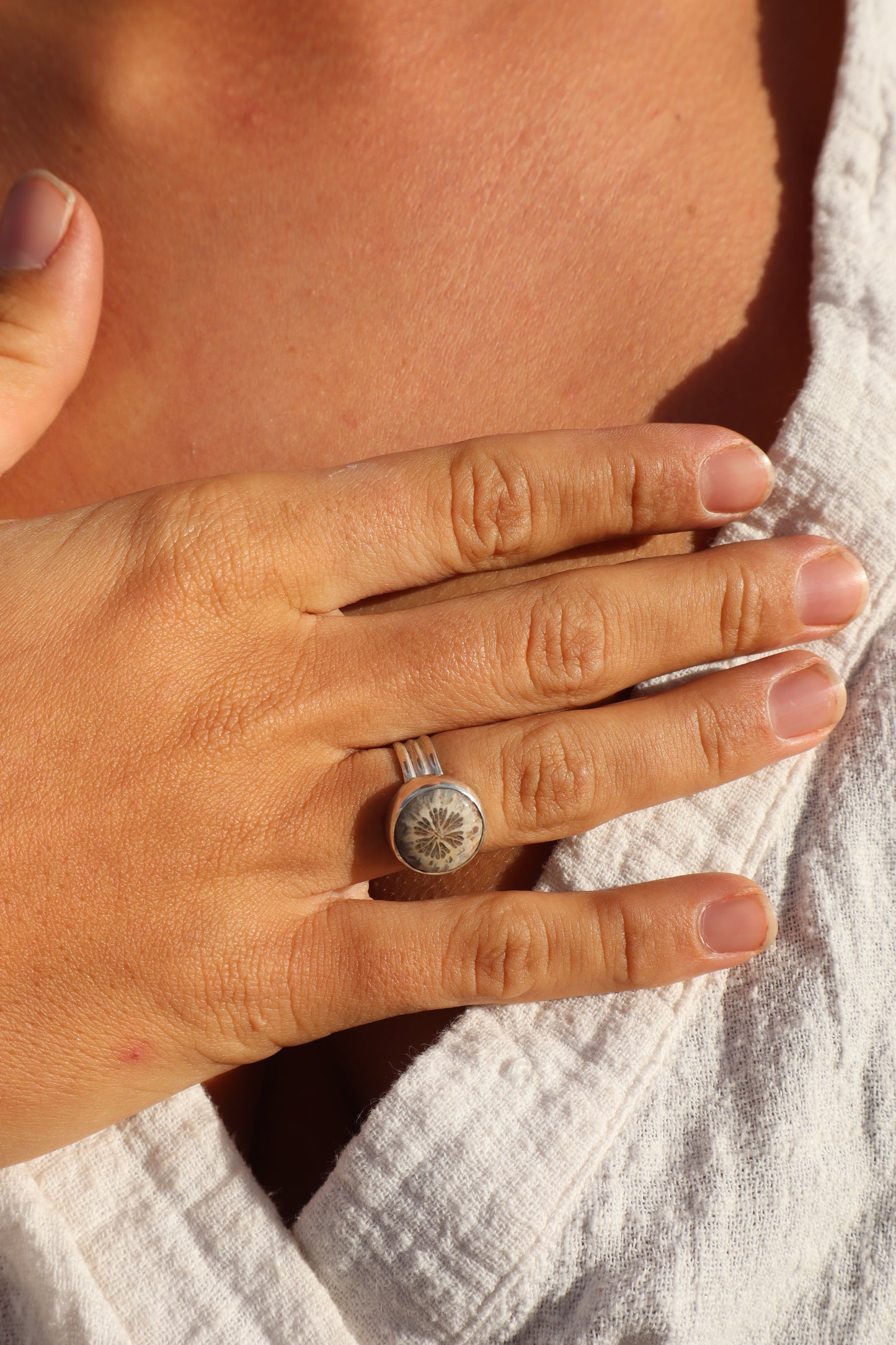 Fossilised Coral Coin Ring SIZE L - 5 3/4