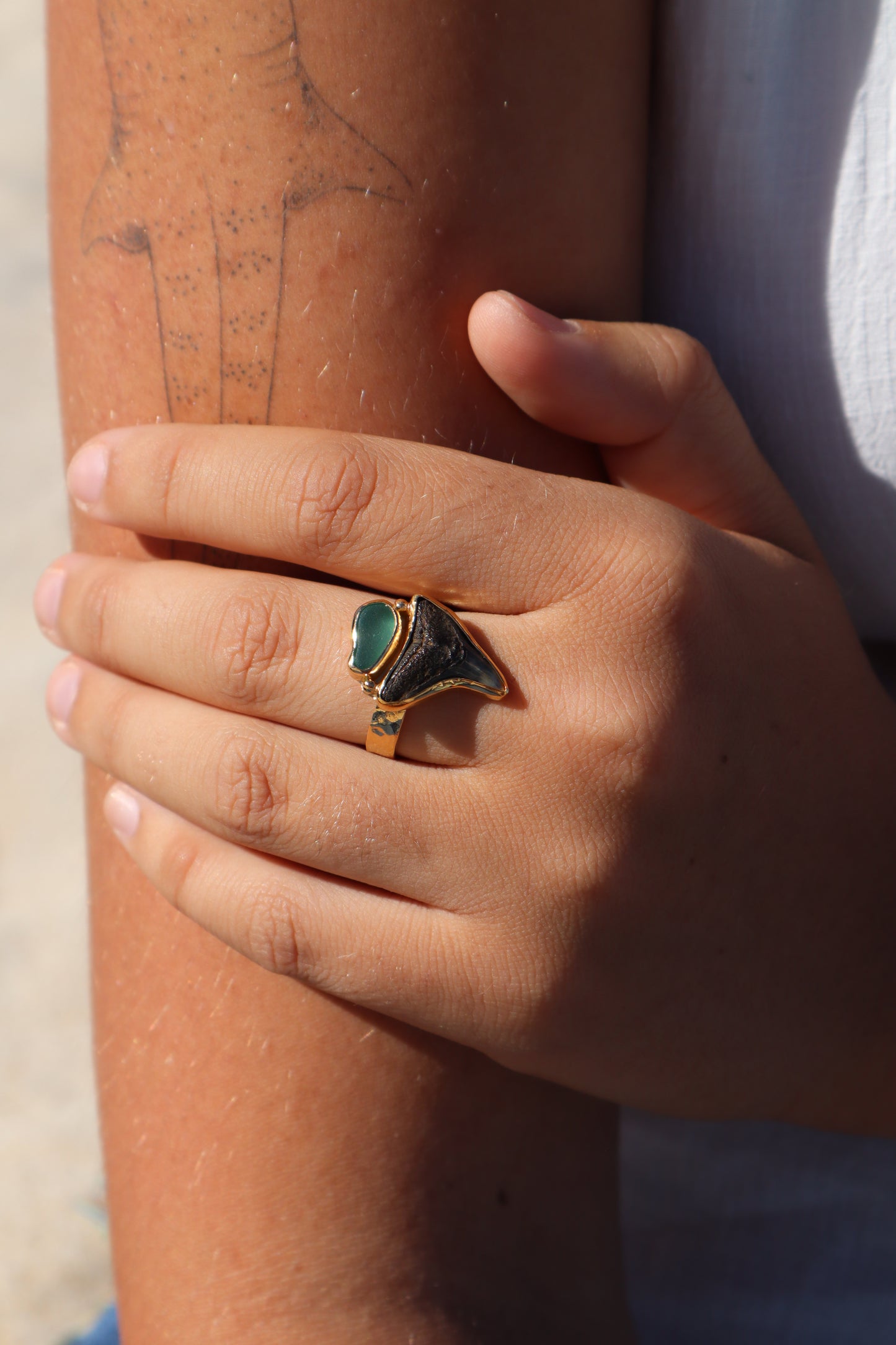 Fossilised Shark Tooth x Seaglass Ring SIZE 10 - T 1/2