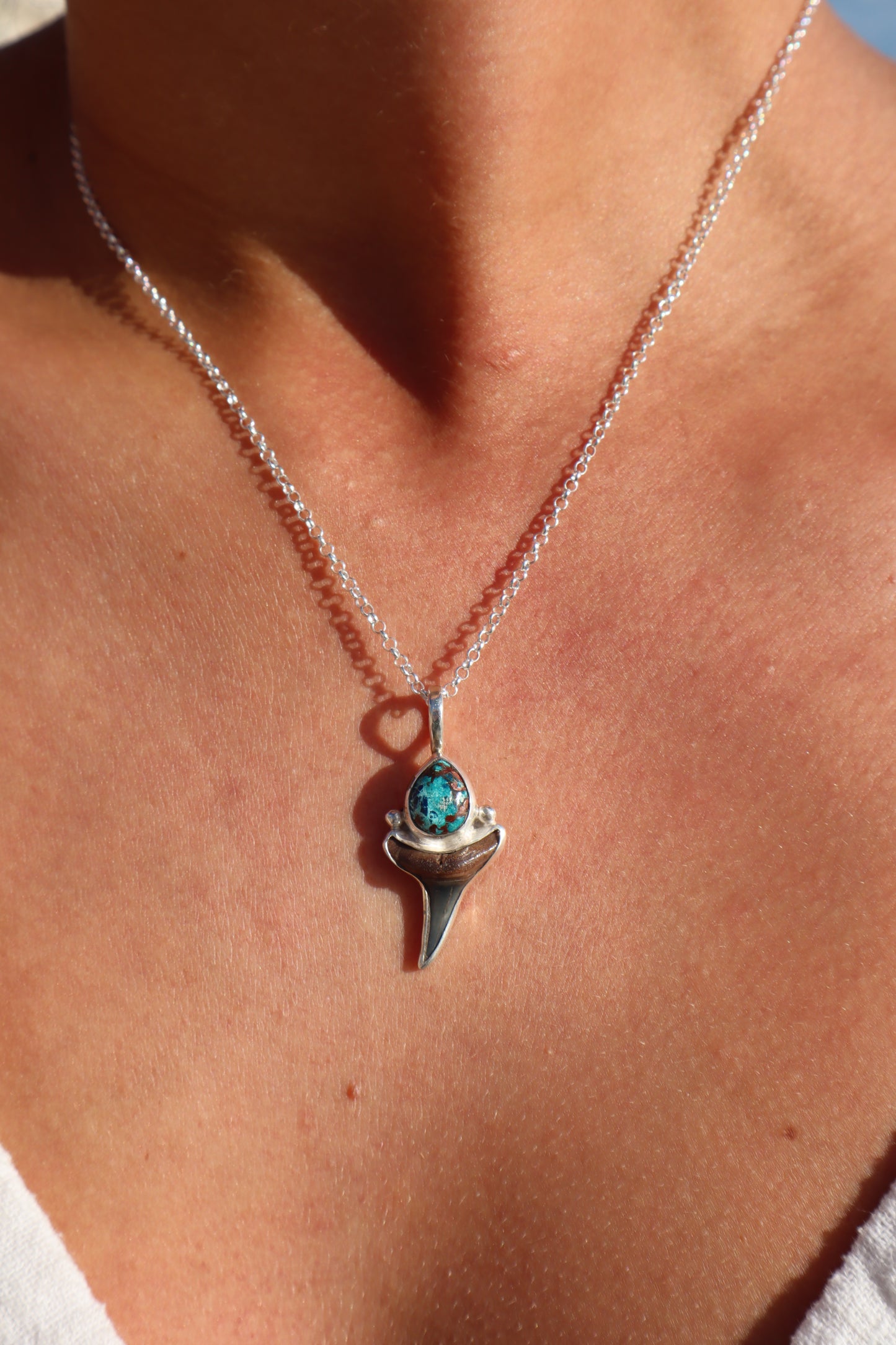 Shattukite Azurite x Fossilised Shark Tooth Pendant
