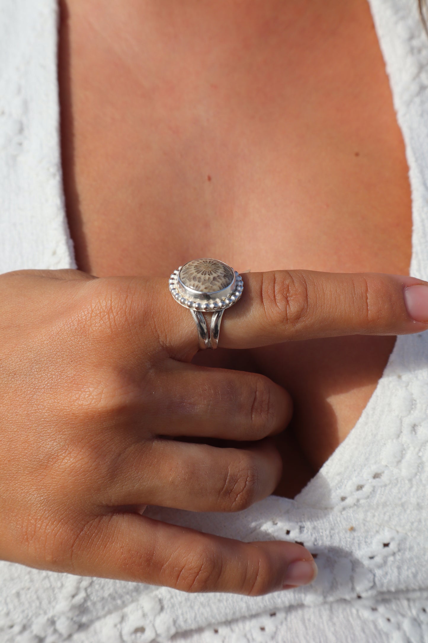 Fossilised Coral Daisy Ring SIZE P 1/2 - 8