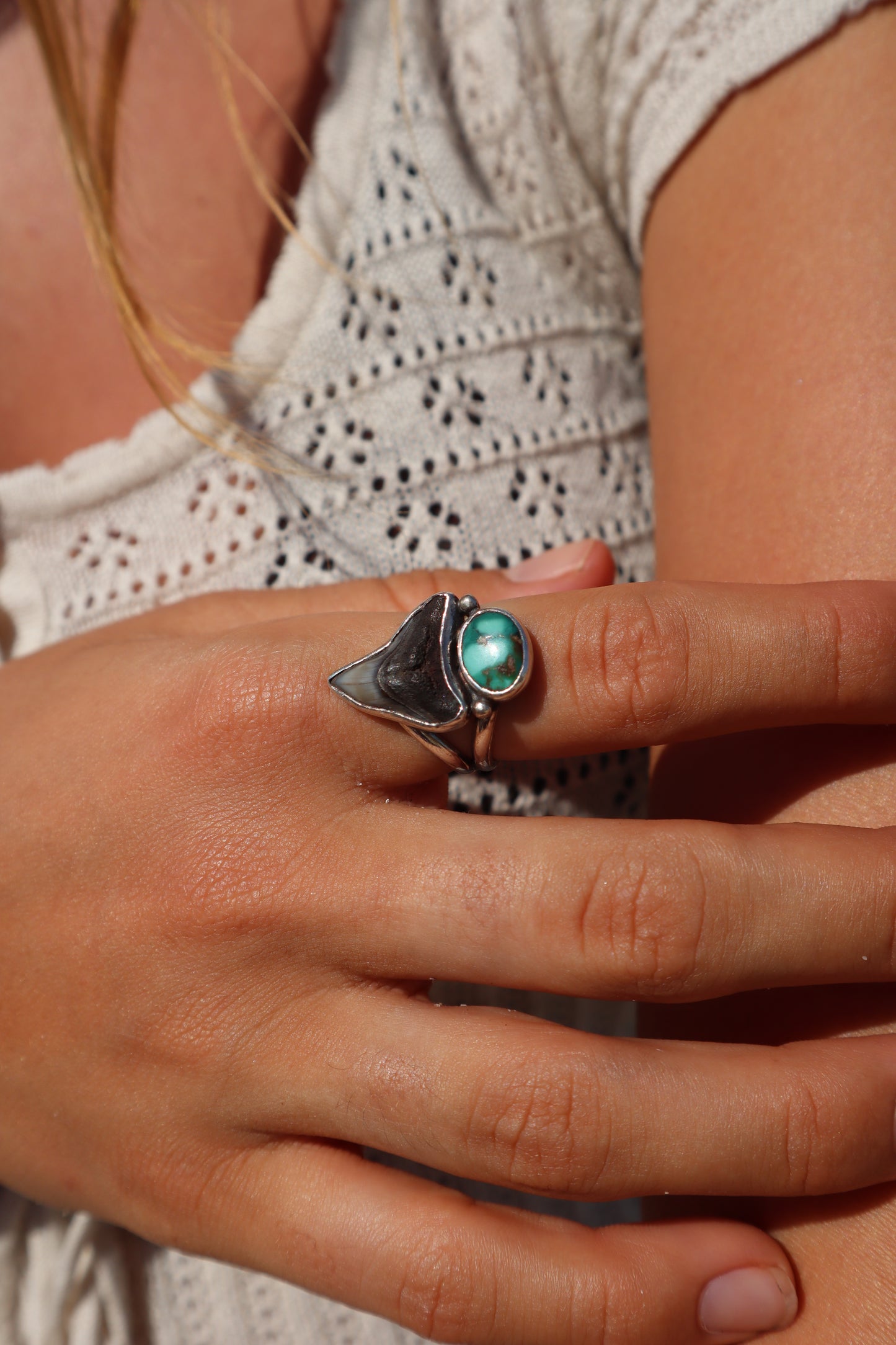Fossilised Shark Tooth x Turquoise Ring SIZE R - 8 3/4