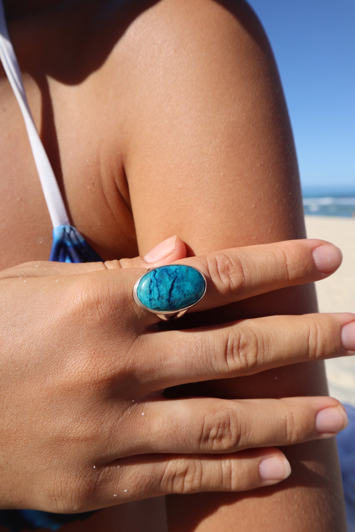 Chunky Shattukite Azurite Ring SIZE Q - 8 1/4