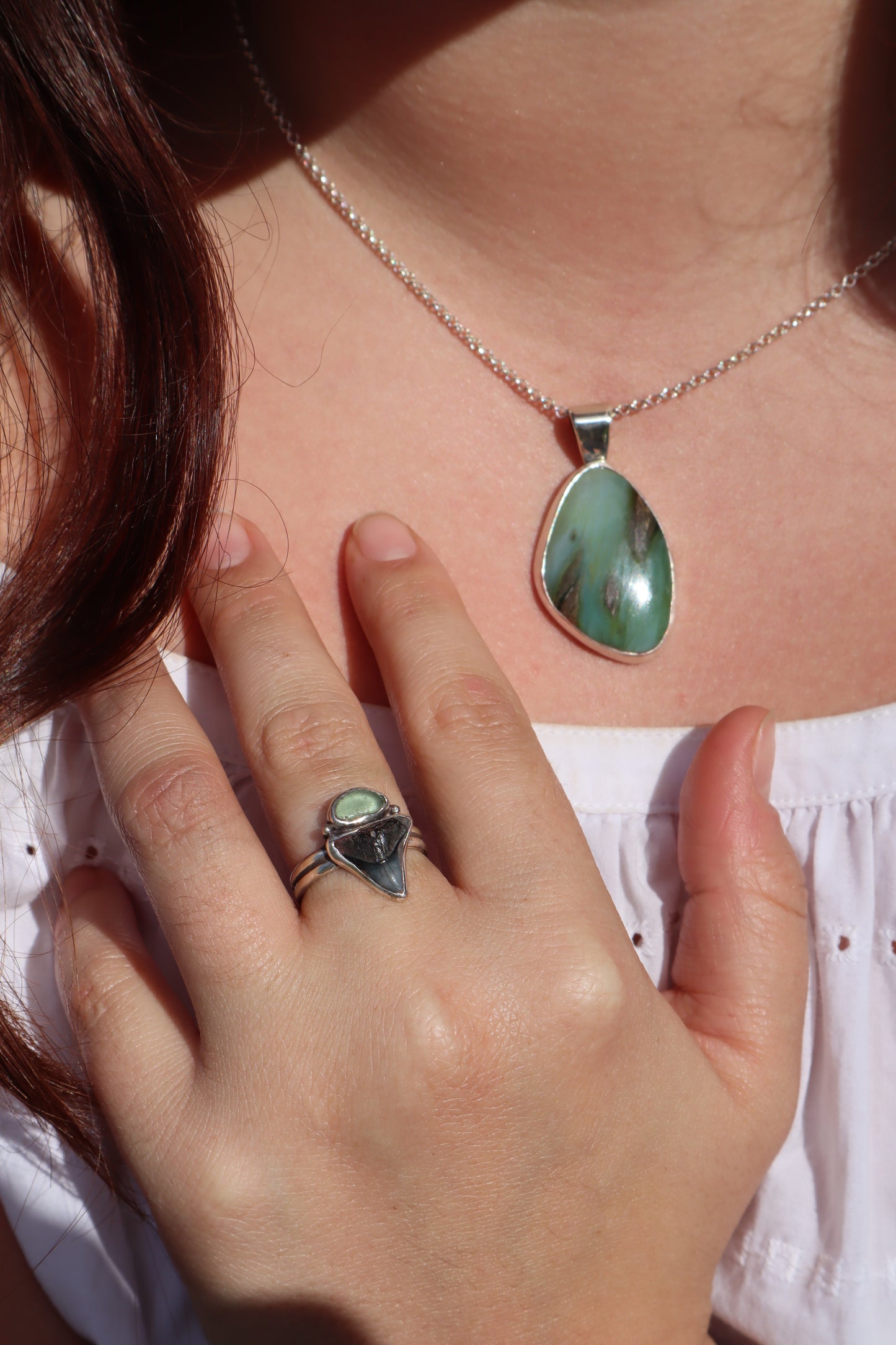 Shark Tooth x Seaglass Ring SIZE N - 6 3/4