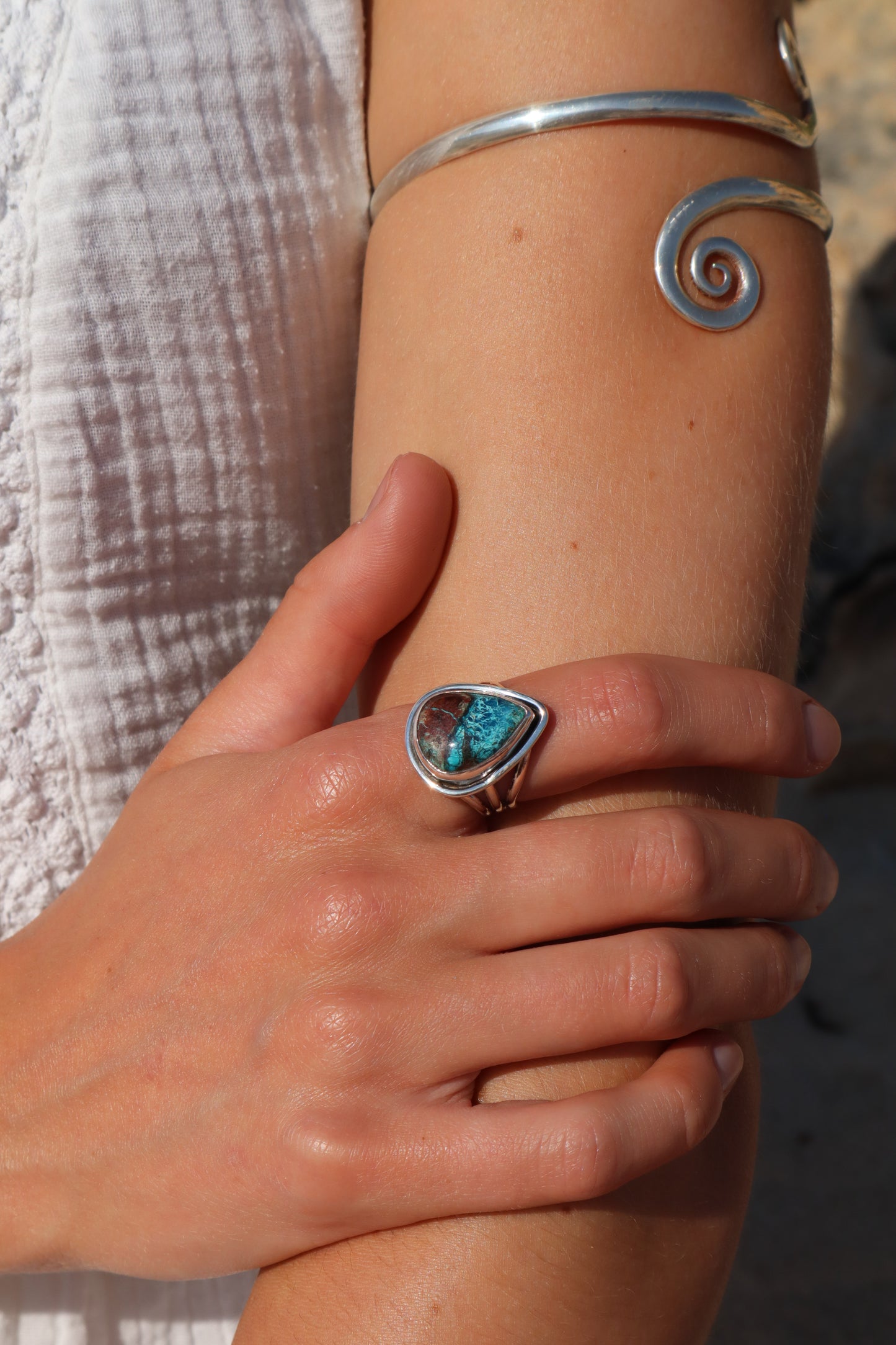 Teardrop Shattuckite Azurite Ring SIZE P - 7 3/4