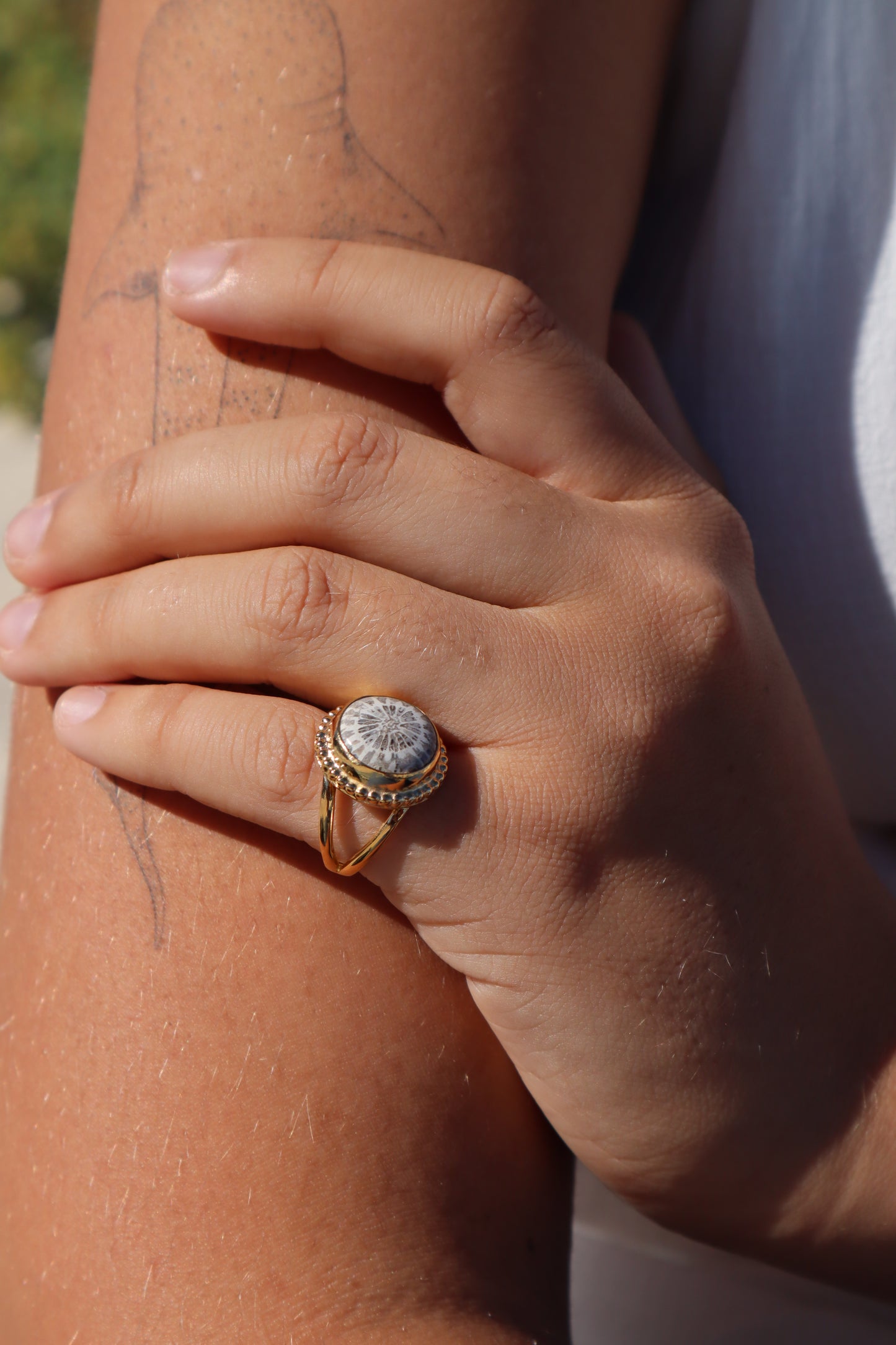 Fossilised Coral Daisy Ring SIZE 6 - L 1/2