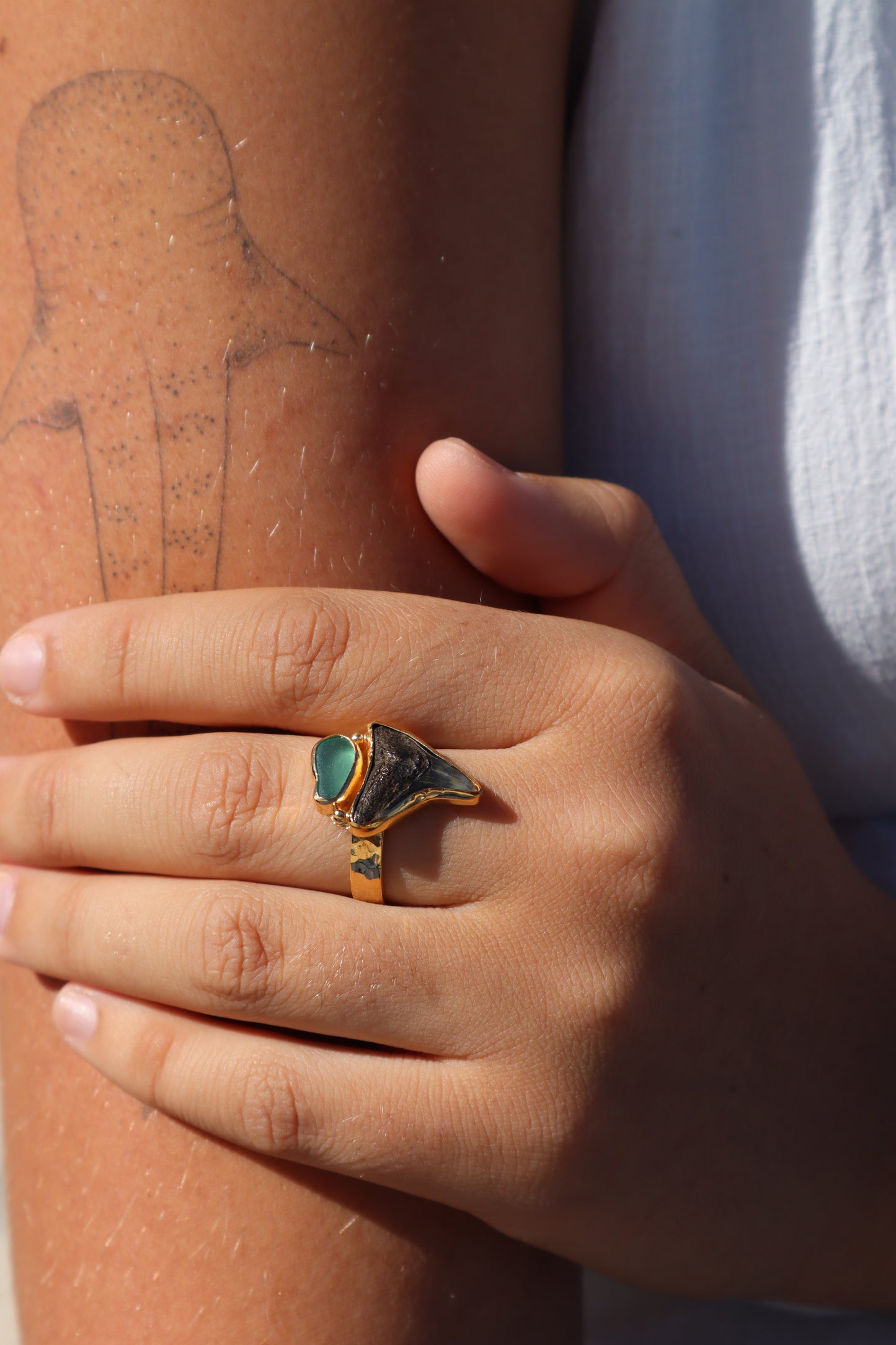 Fossilised Shark Tooth x Seaglass Ring SIZE 10 - T 1/2