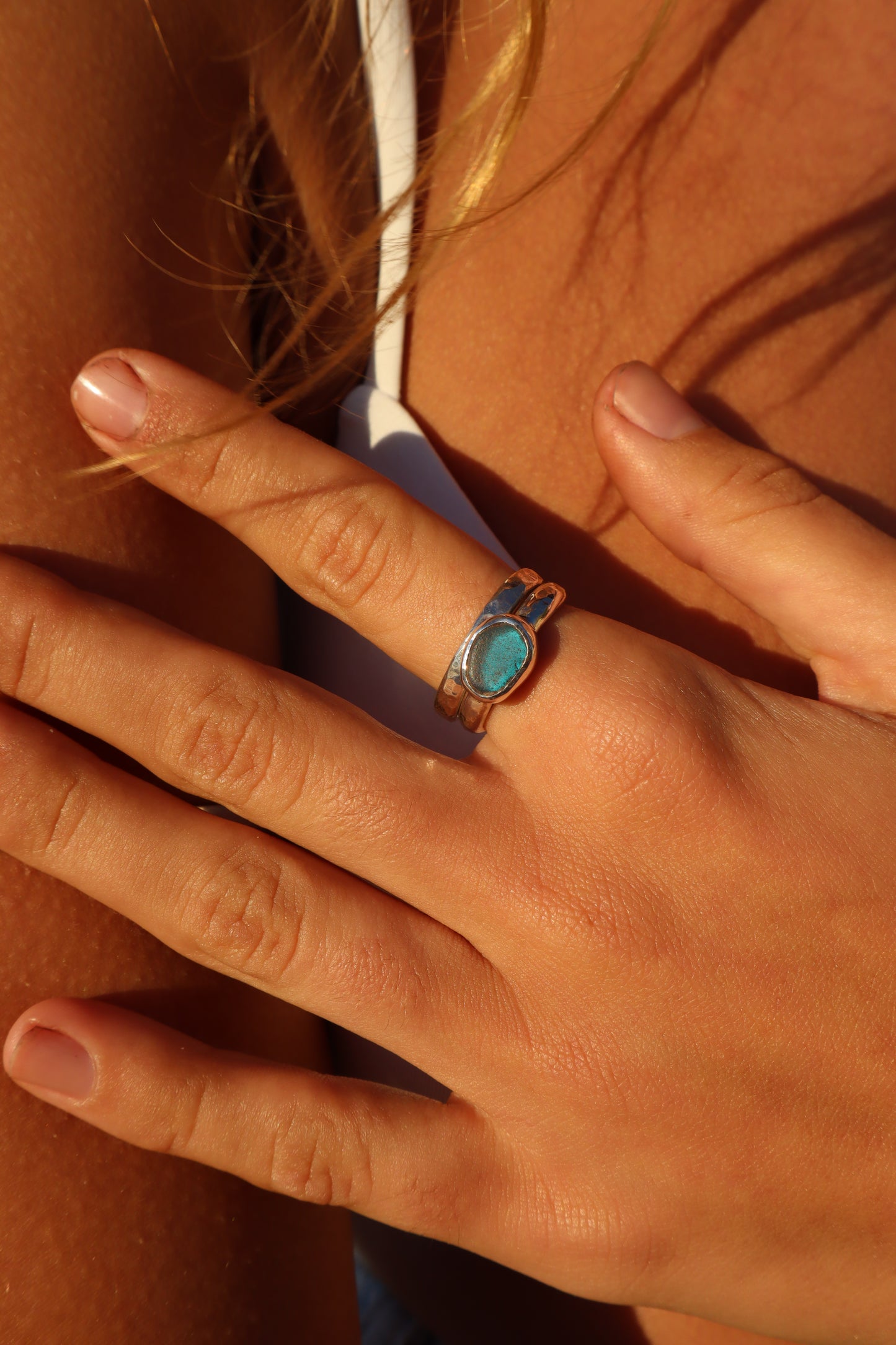 Dainty Blue Sea Glass Ring SIZE P 1/2 - 8