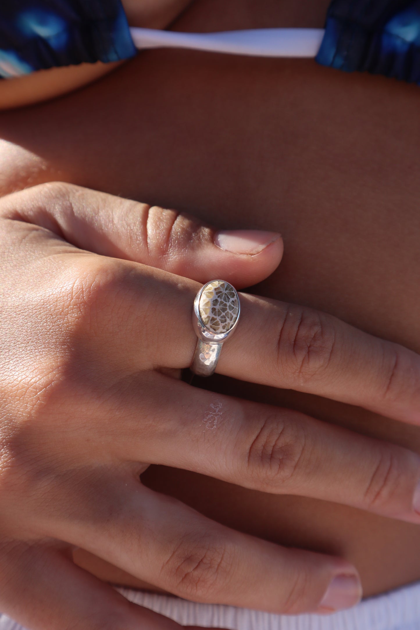 Hammered Fossilised Coral Ring