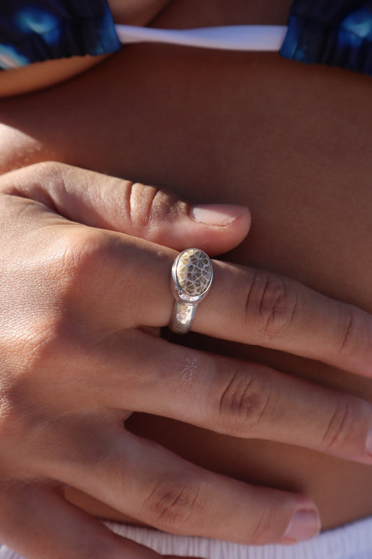Hammered Fossilised Coral Ring