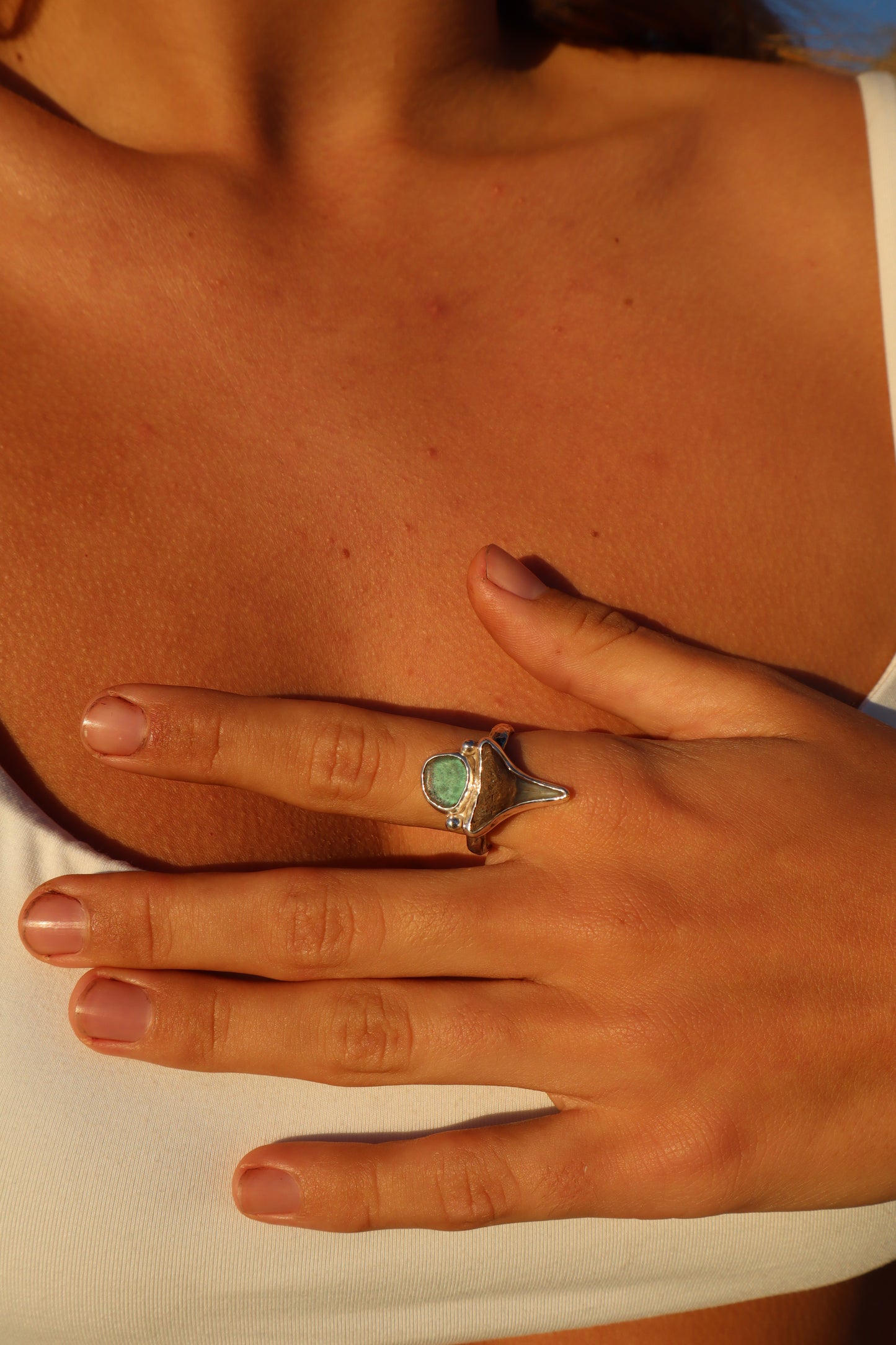 Shark Tooth x Seaglass Ring SIZE U - 1O 1/4