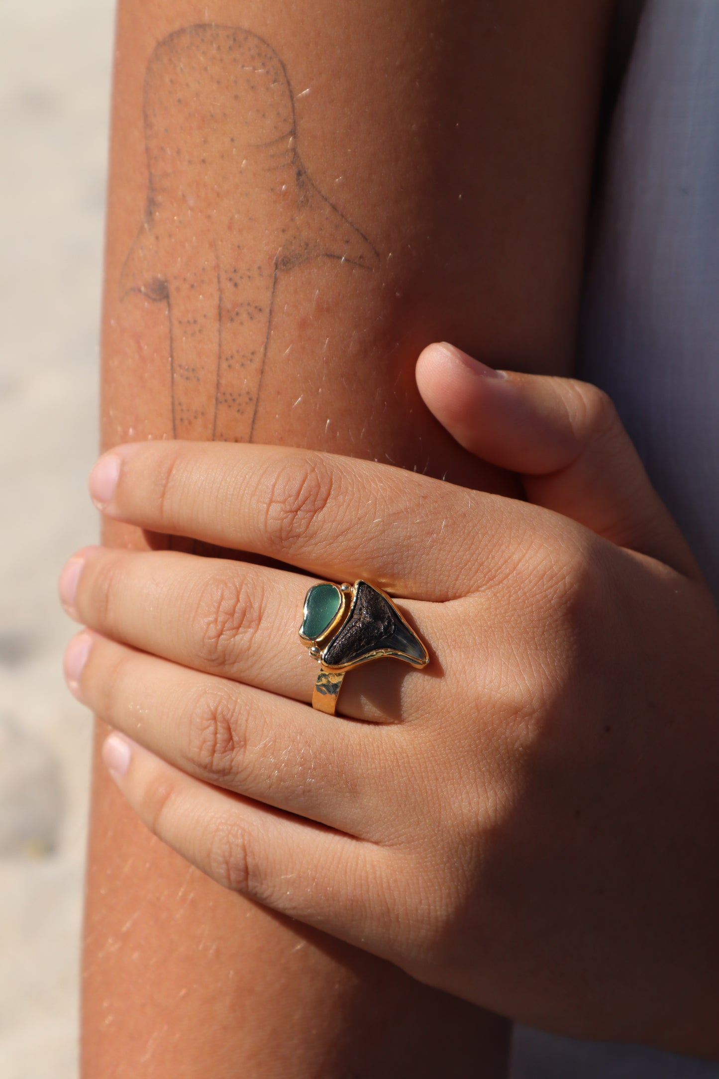 Fossilised Shark Tooth x Seaglass Ring SIZE 10 - T 1/2