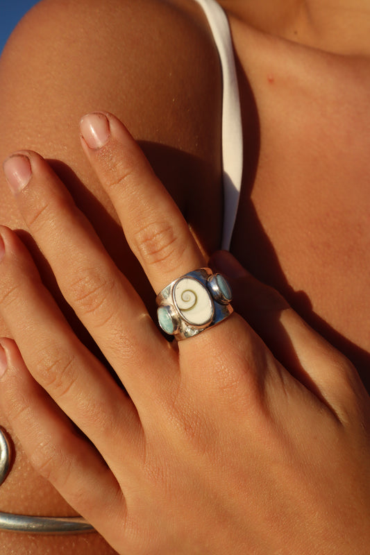 Chunky Operculum x Larimar Ring SIZE Q - 8 1/4