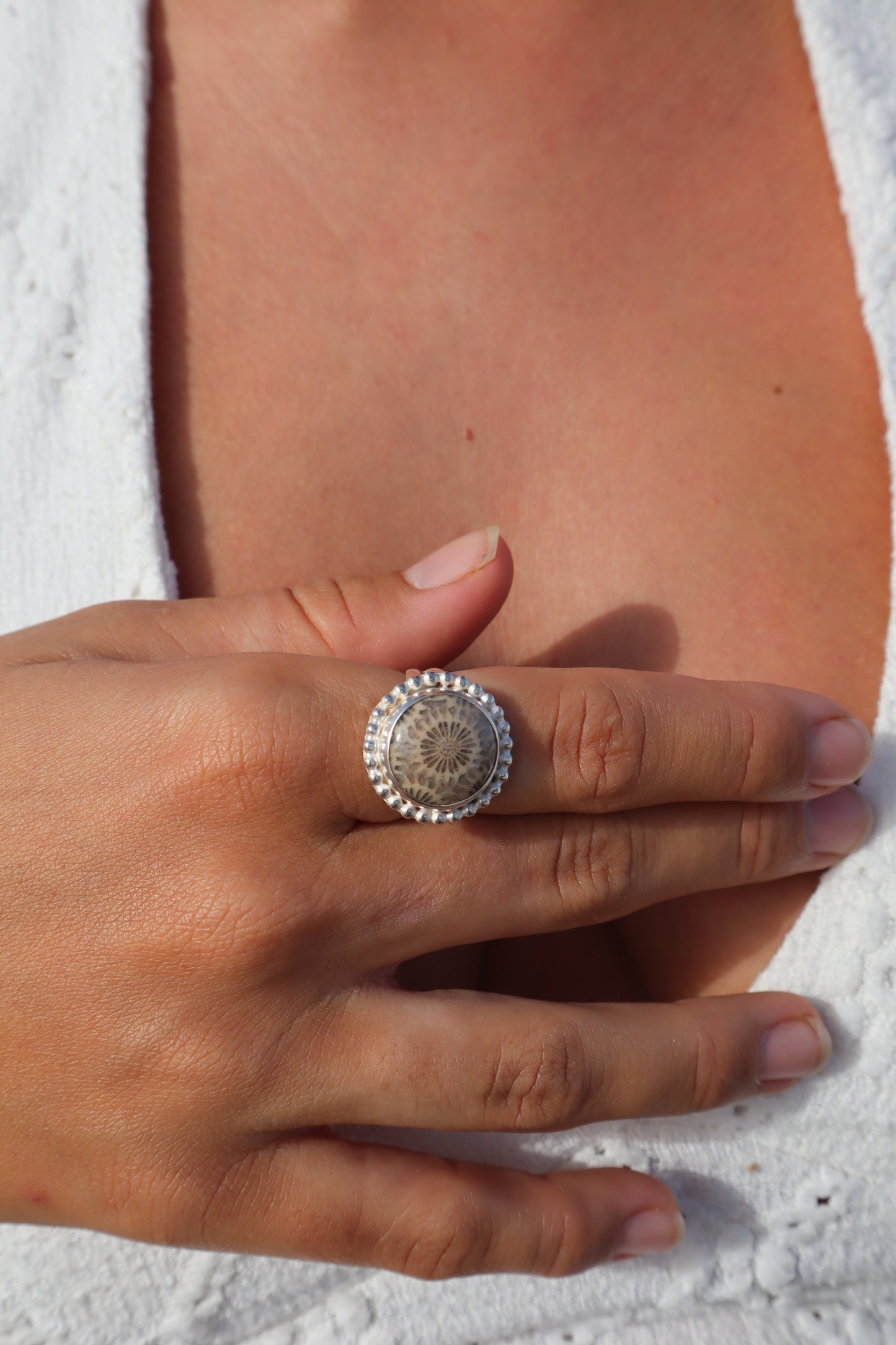 Fossilised Coral Daisy Ring SIZE P 1/2 - 8