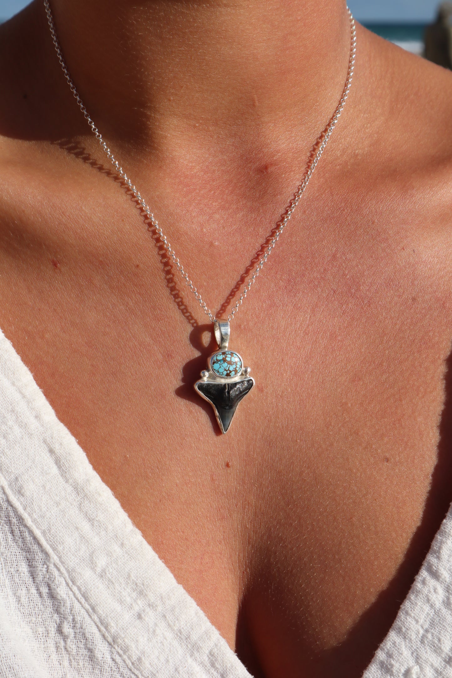 Turquoise x Fossilised Shark Tooth Pendant