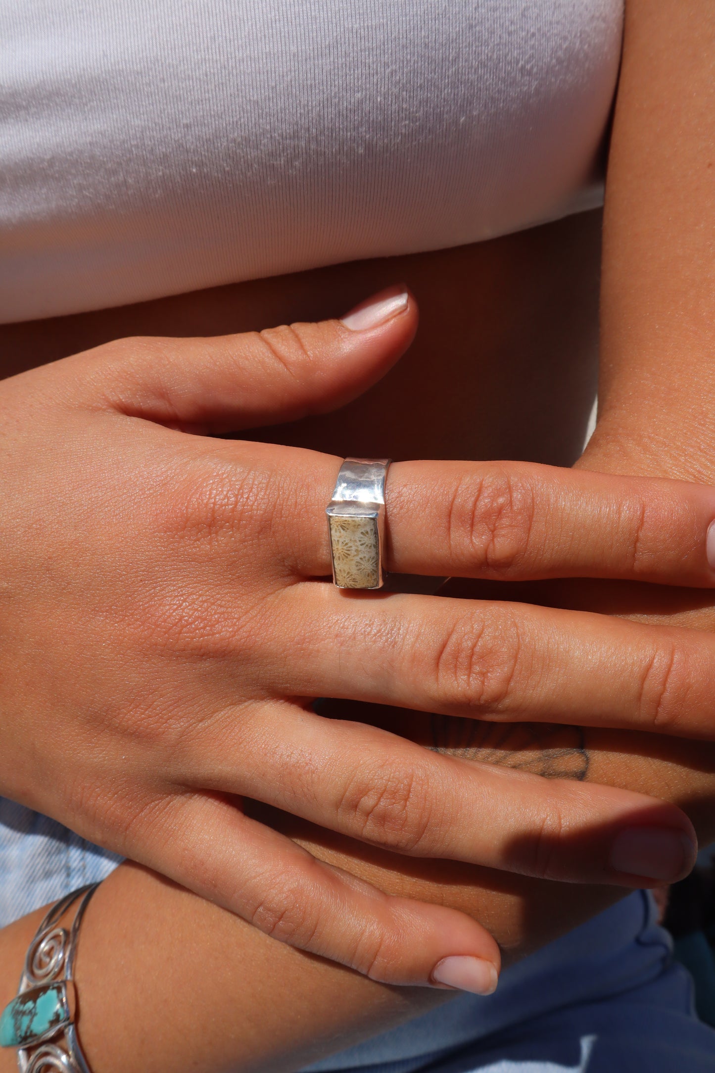 Hammered Coral Ring SIZE R - 8 3/4