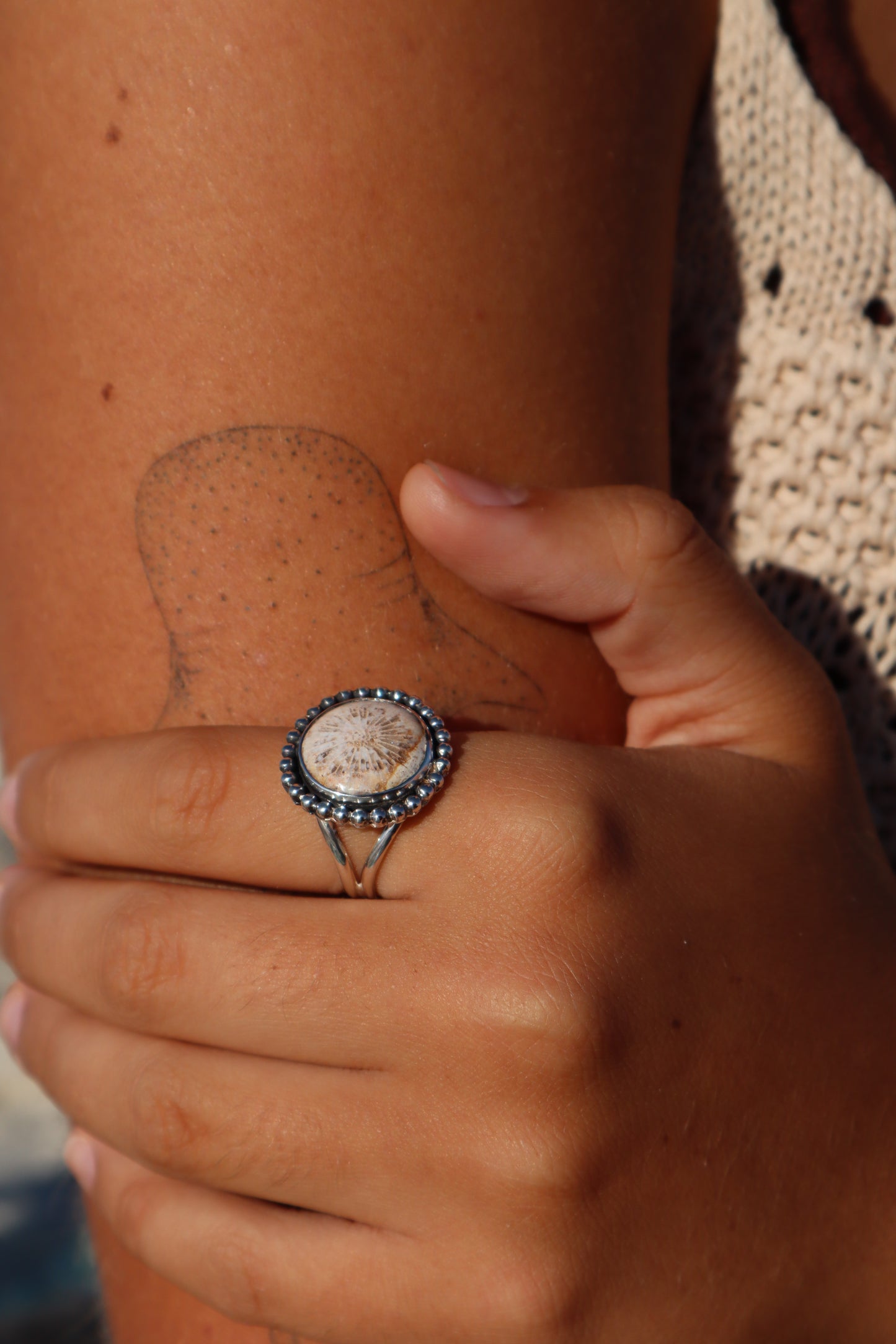 Fossilised Coral Daisy Ring SIZE P - 7 3/4