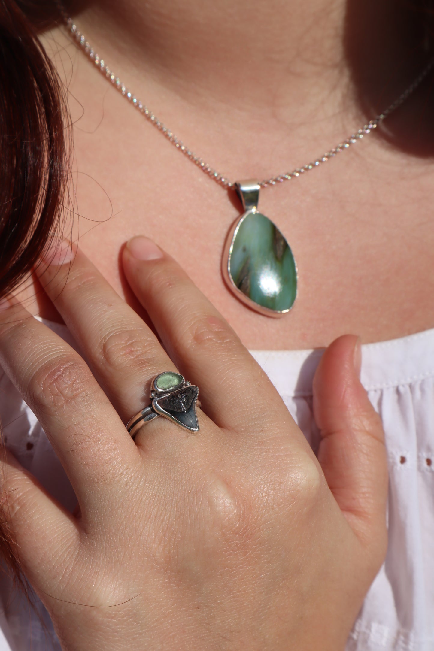 Shark Tooth x Seaglass Ring SIZE N - 6 3/4