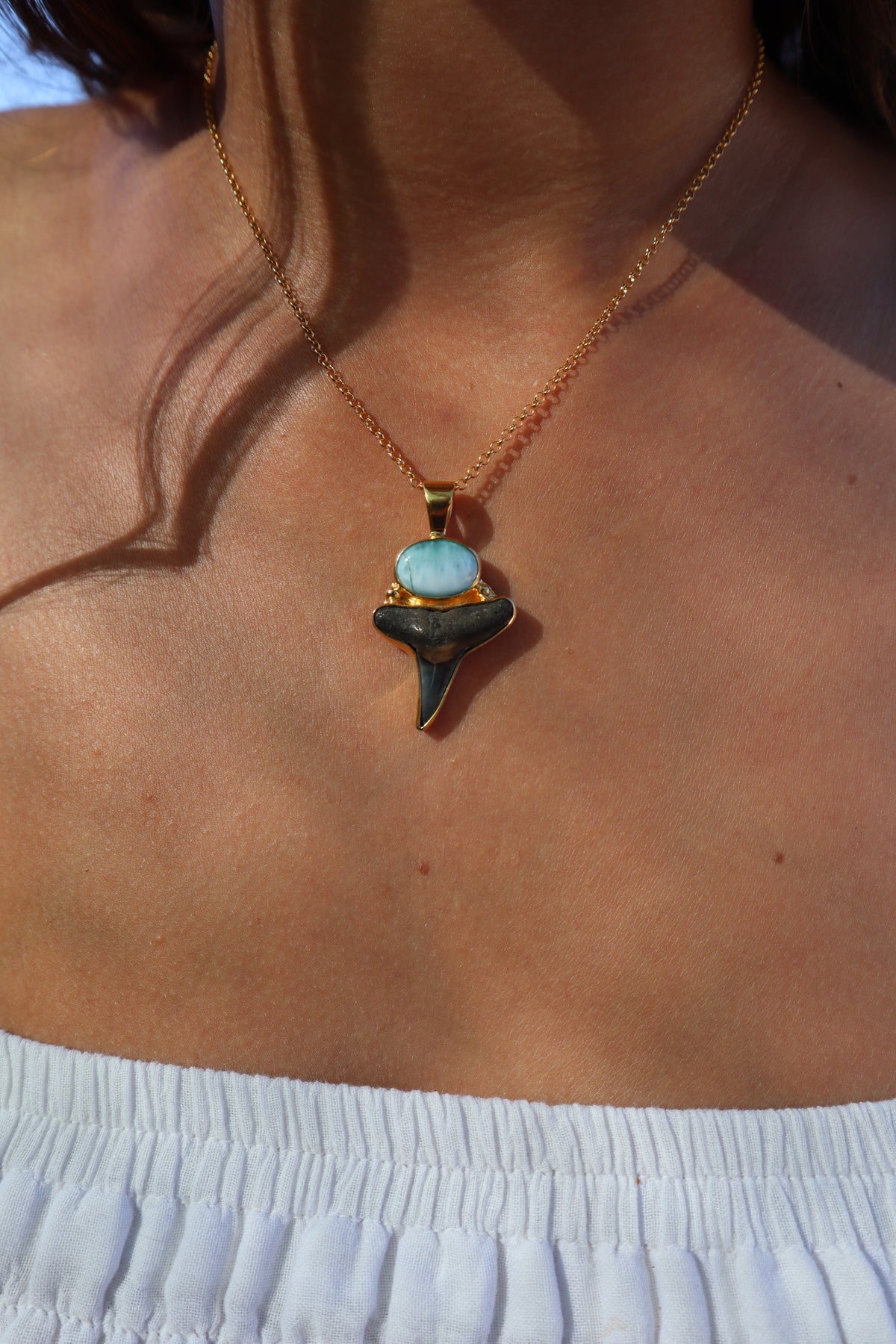Larimar x Fossilised Shark Tooth Pendant