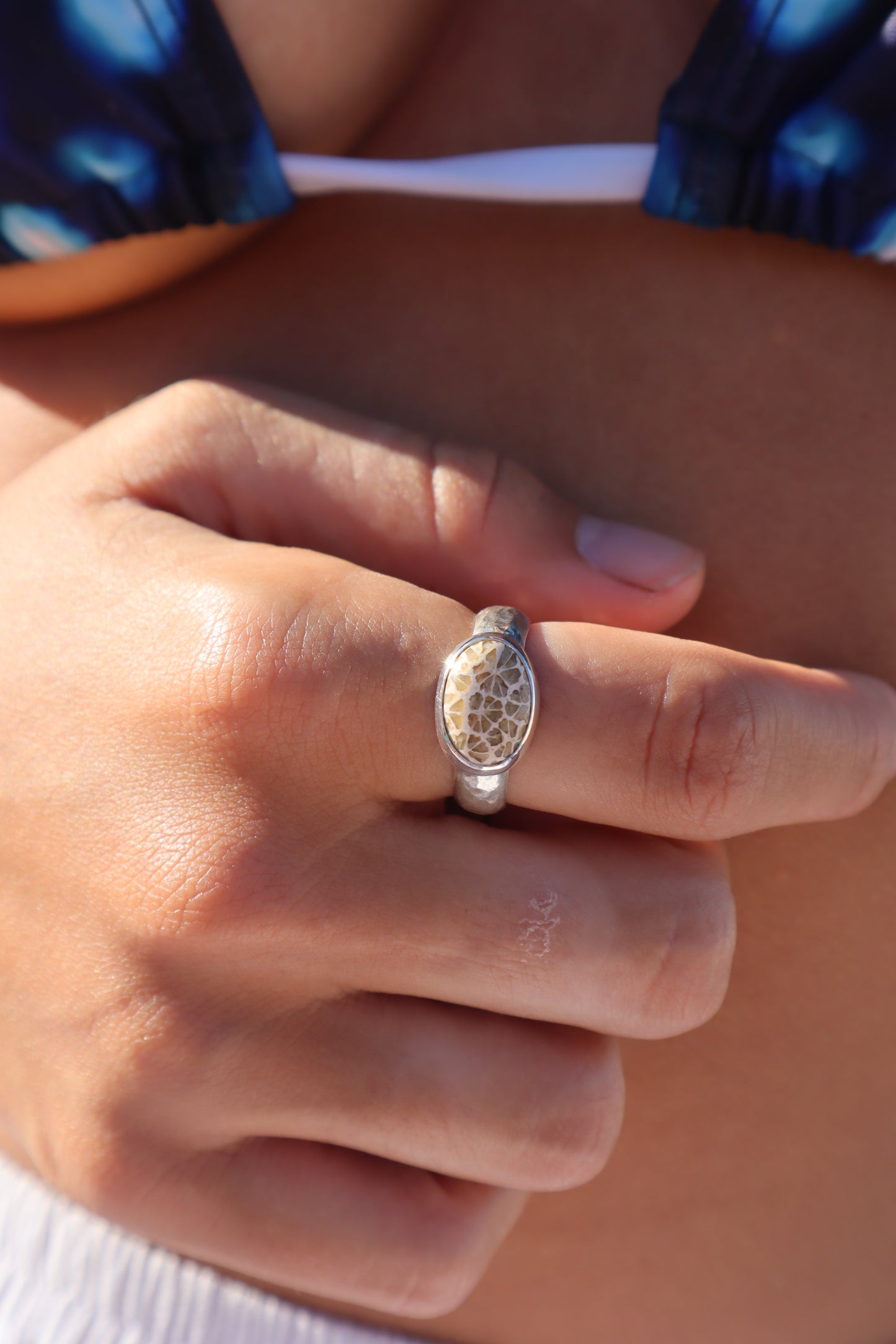 Hammered Fossilised Coral Ring