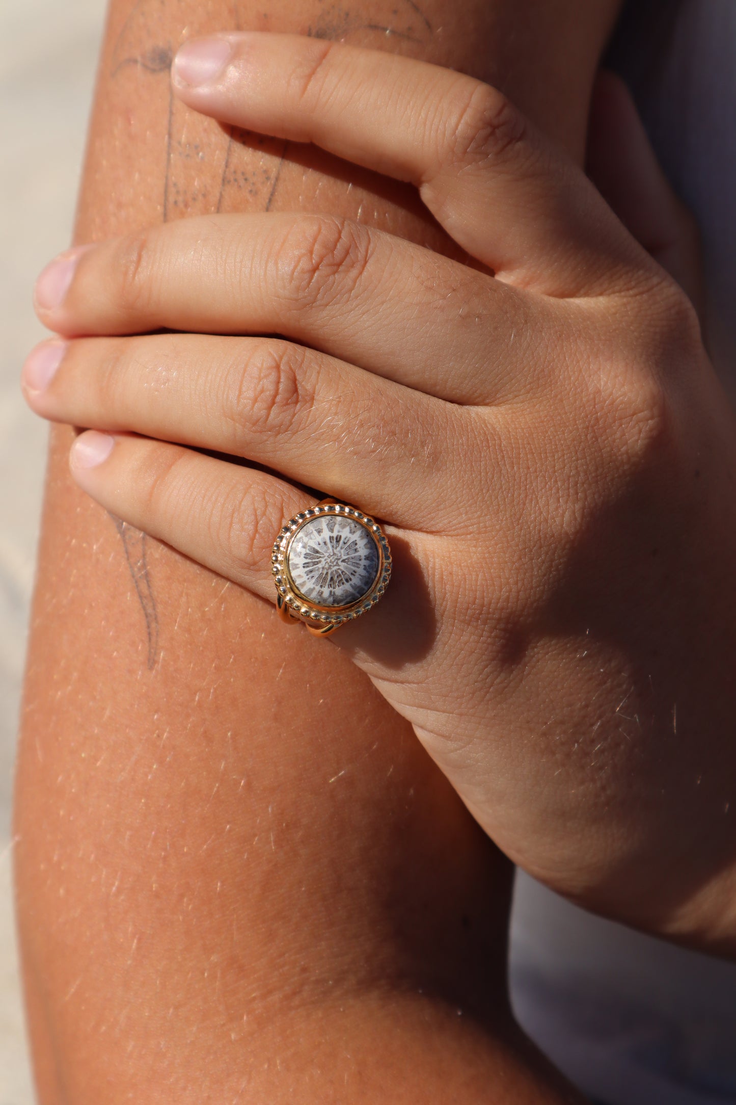 Fossilised Coral Daisy Ring SIZE 6 - L 1/2
