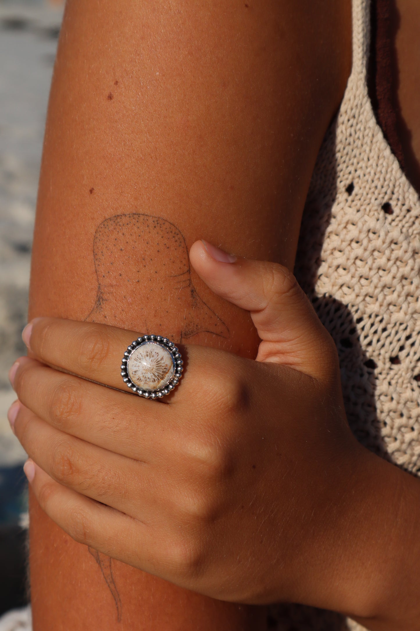 Fossilised Coral Daisy Ring SIZE P - 7 3/4