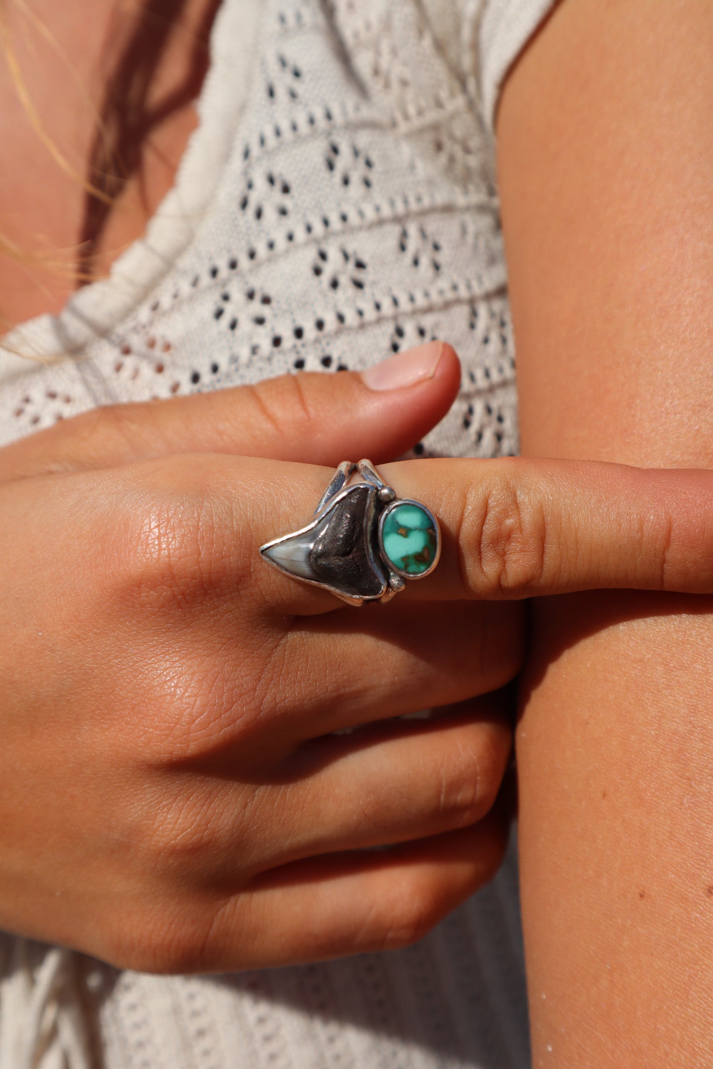 Fossilised Shark Tooth x Turquoise Ring SIZE R - 8 3/4