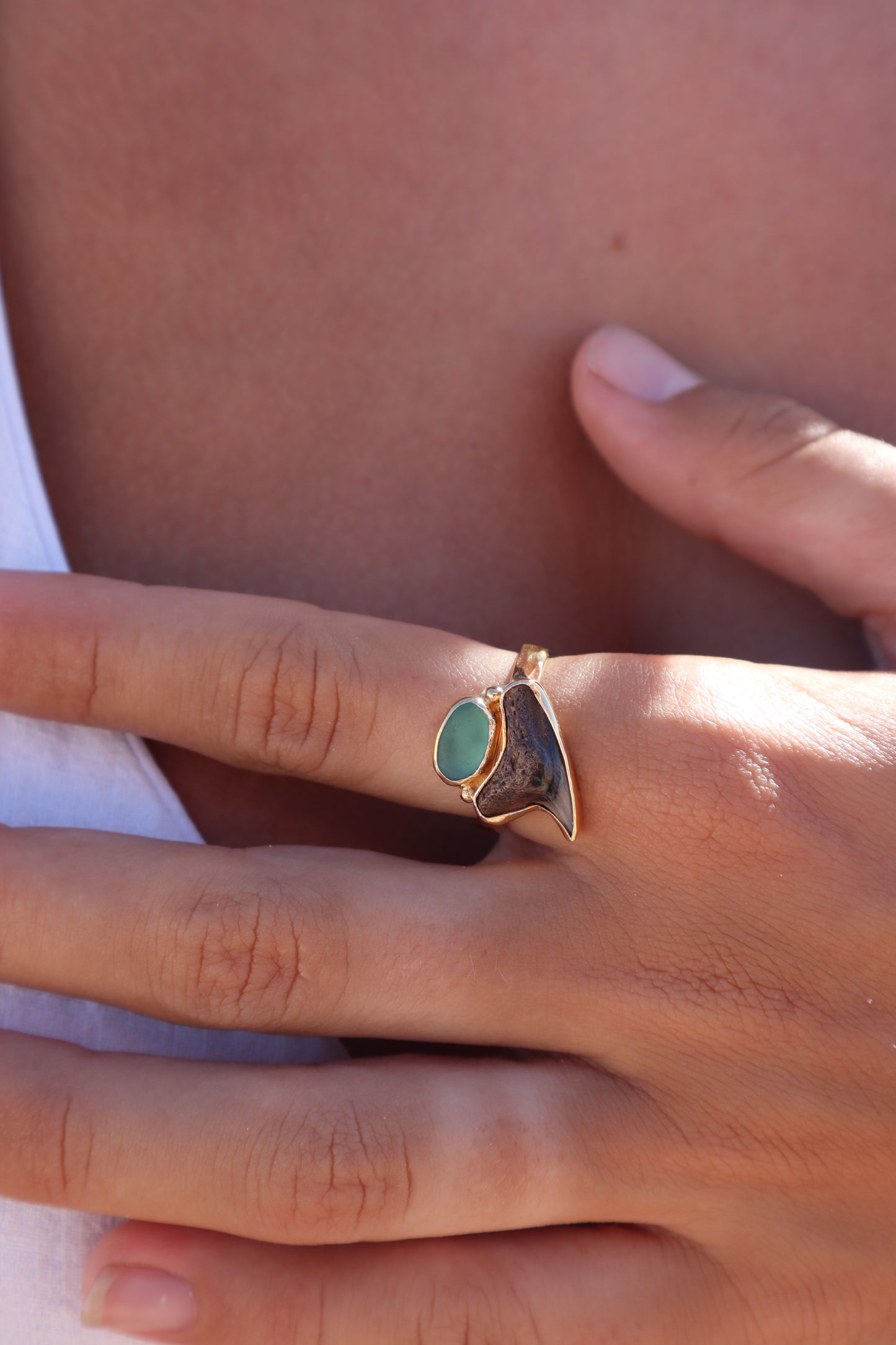 Fossilised Shark Tooth x Seaglass Ring SIZE 9