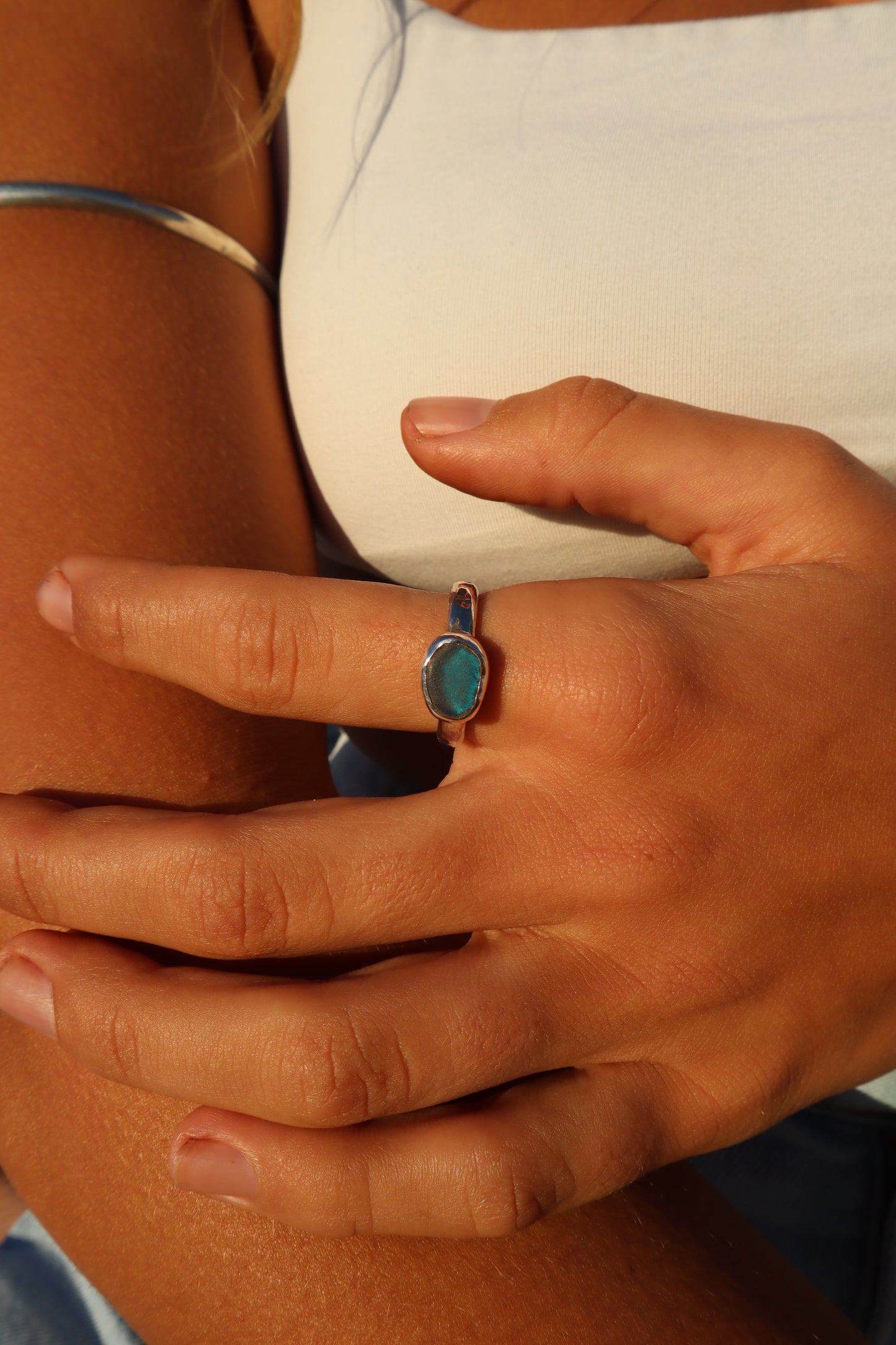 Dainty Blue Sea Glass Ring SIZE P 1/2 - 8