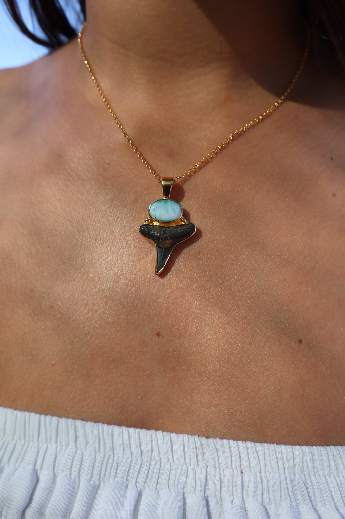 Larimar x Fossilised Shark Tooth Pendant