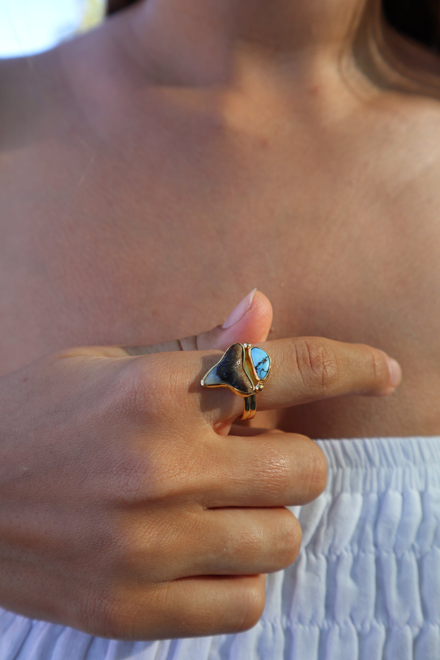 Turquoise x Fossilised Shark Tooth Ring SIZE 9