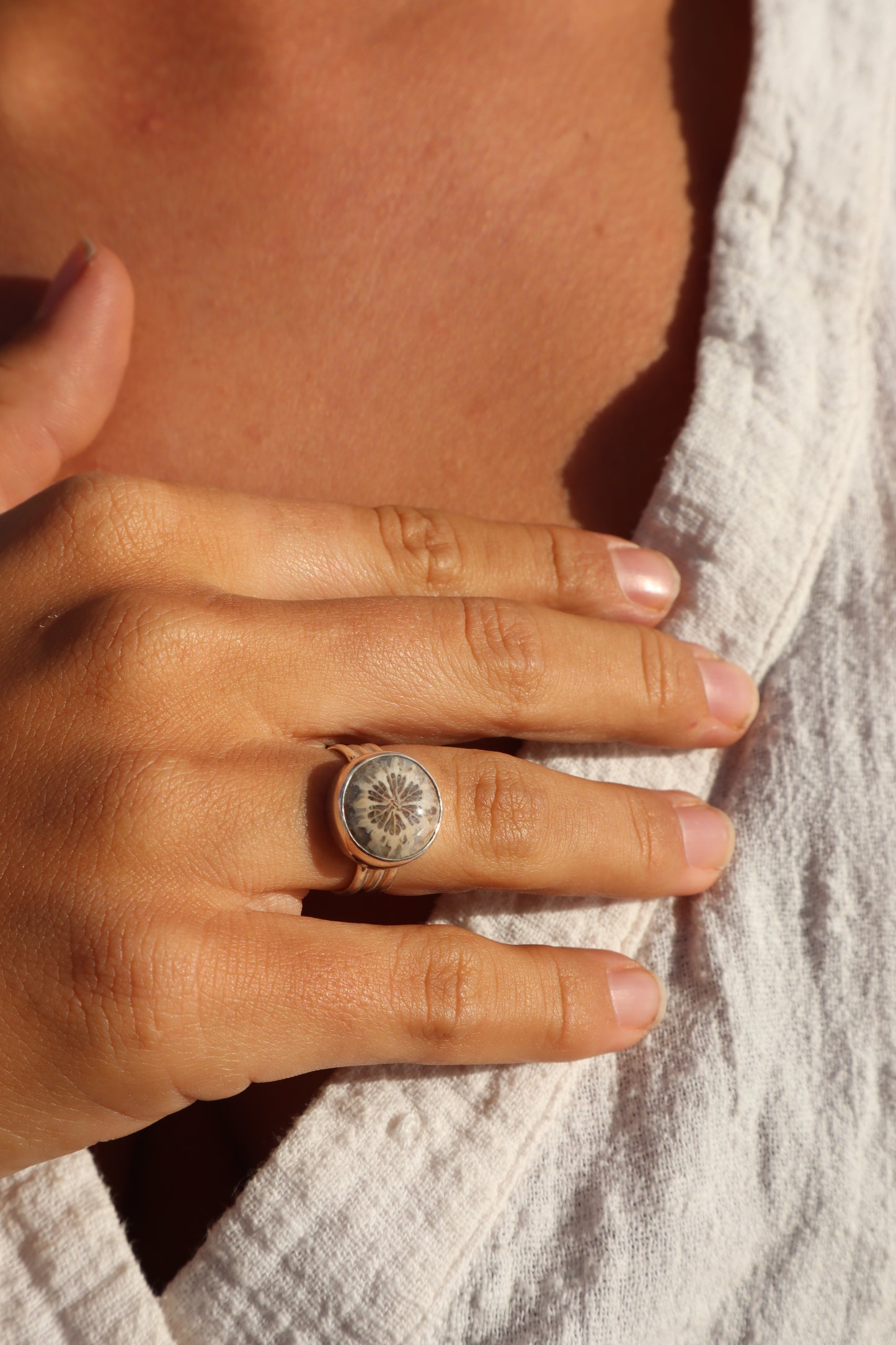 Fossilised Coral Coin Ring SIZE L - 5 3/4