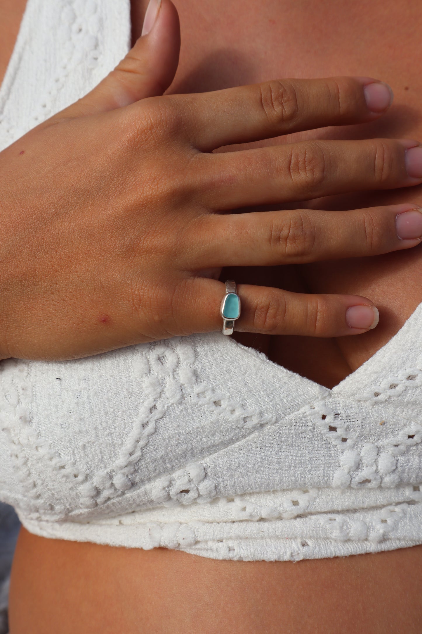 Blue Sea Glass Ring SIZE J 1/2 - 5