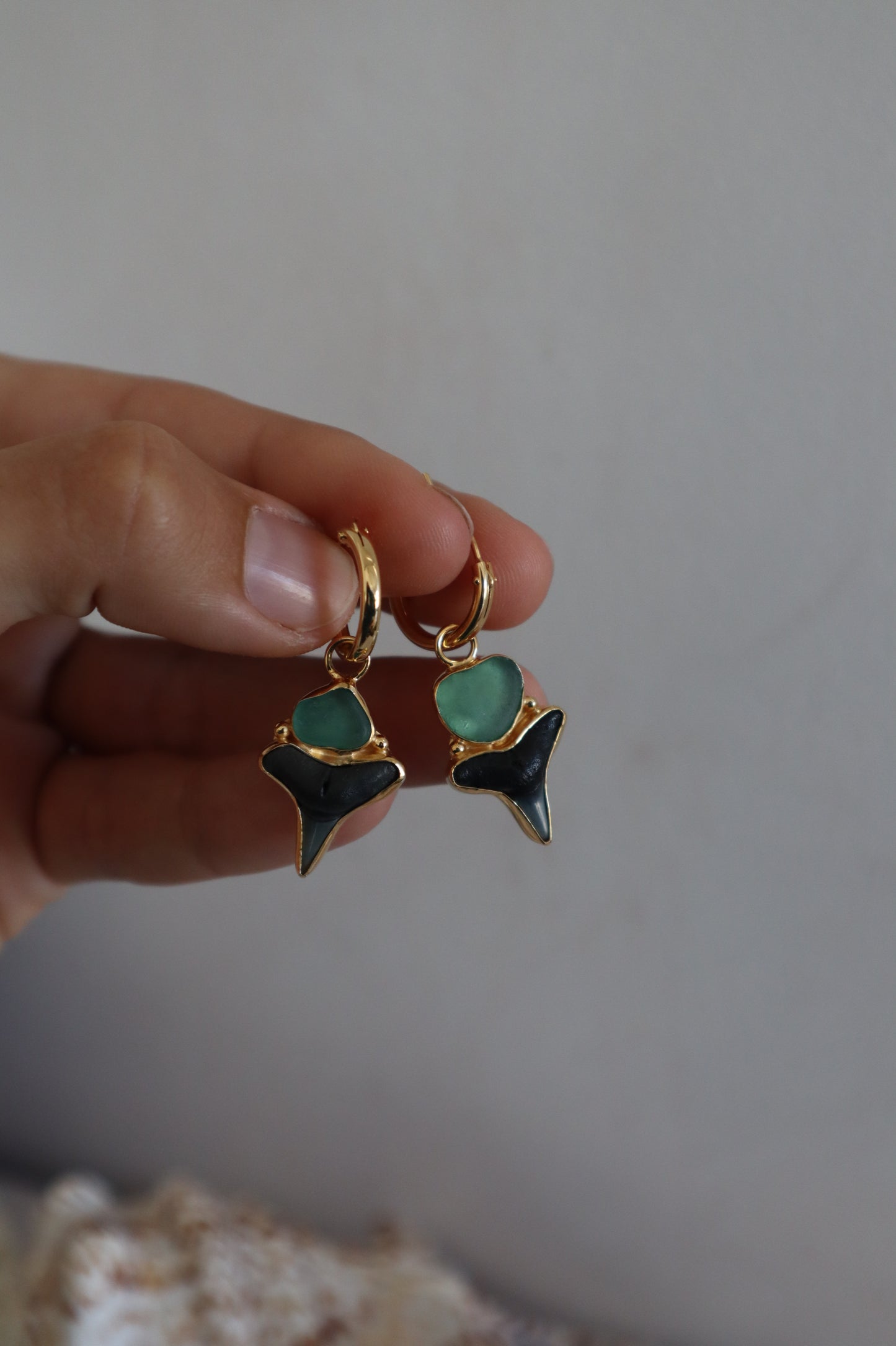 Shark Tooth x Seaglass Hoops